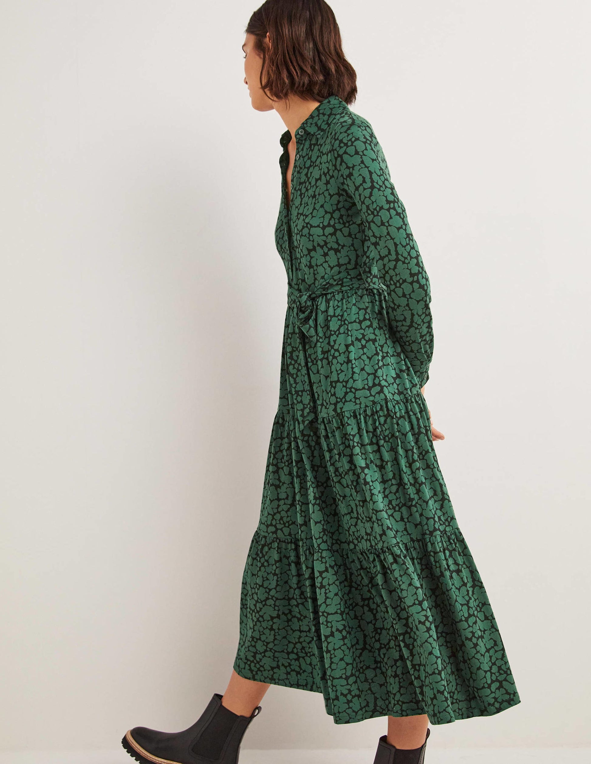 Tiered Jersey Maxi Shirt Dress-Hunter Green, Abstract Bud-4