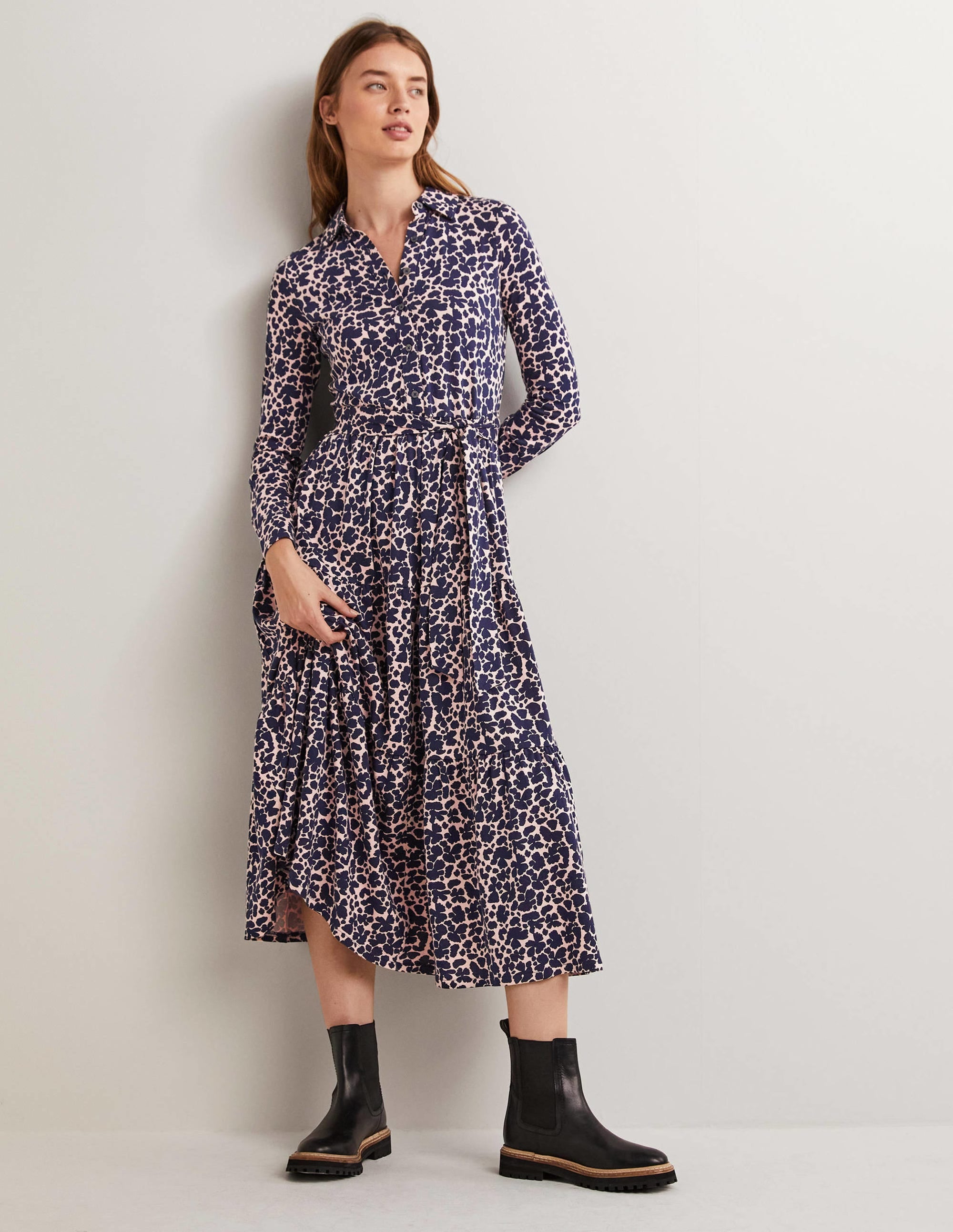 Tiered Jersey Maxi Shirt Dress-Milkshake, Abstract Bud - Image 1