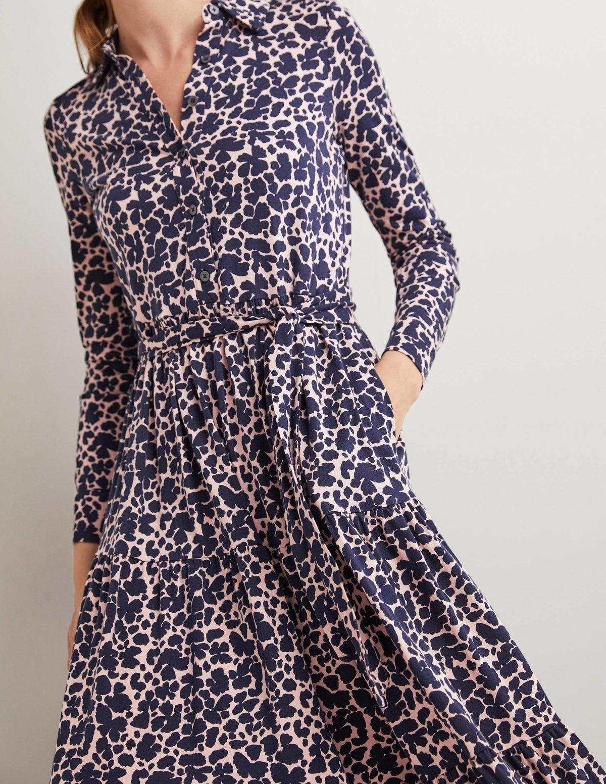Tiered Jersey Maxi Shirt Dress-Milkshake, Abstract Bud - Image 2