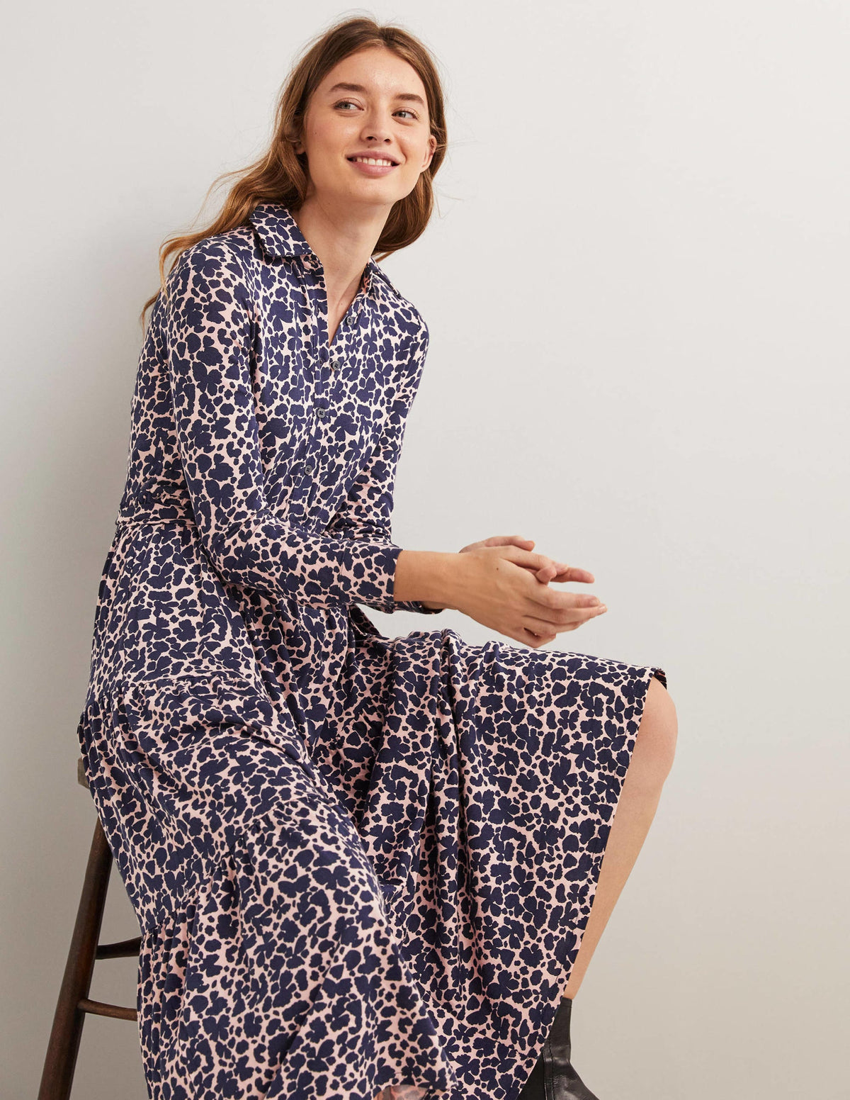 Tiered Jersey Maxi Shirt Dress-Milkshake, Abstract Bud - Image 4