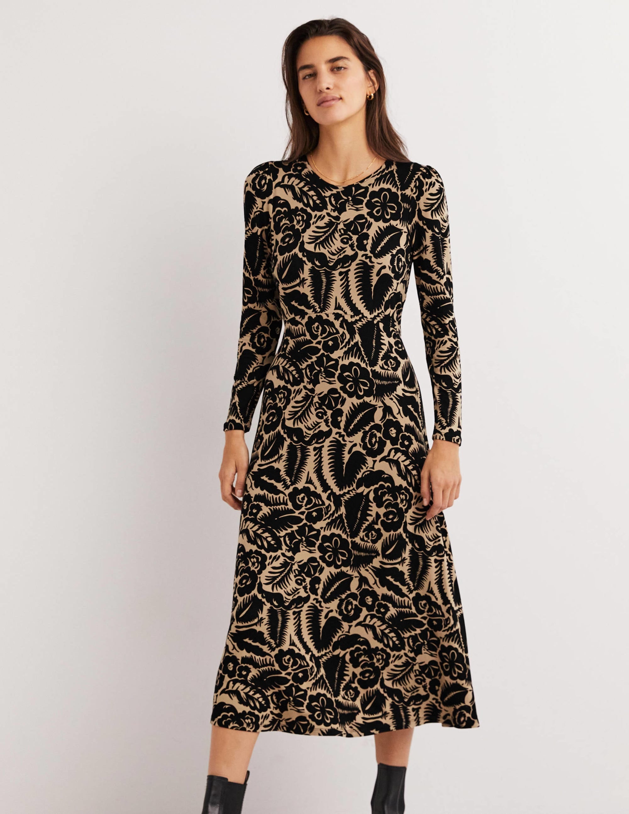 Crew Neck Jersey Midi Dress-Black, Abstract Garden - Image 1