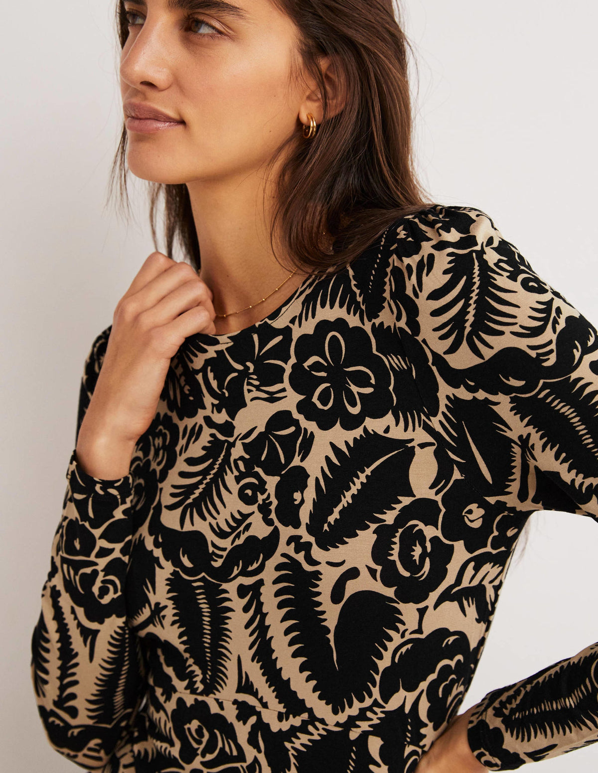 Crew Neck Jersey Midi Dress-Black, Abstract Garden - Image 2