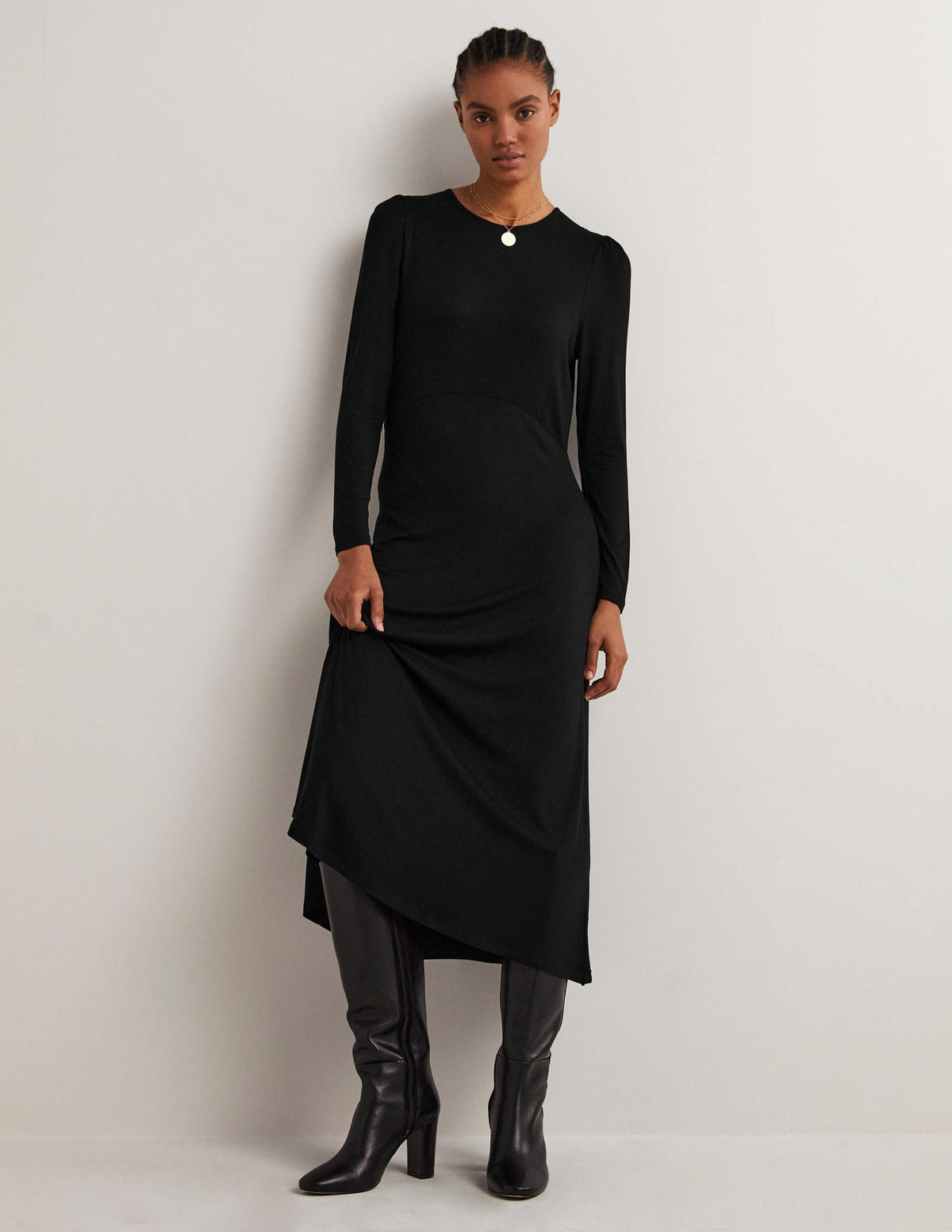 Crew Neck Jersey Midi Dress-Black - Image 1