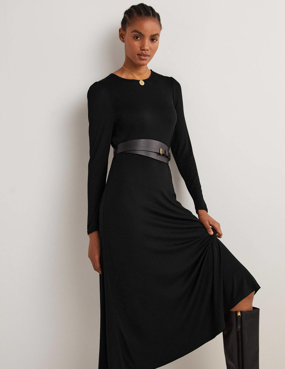 Crew Neck Jersey Midi Dress-Black-5