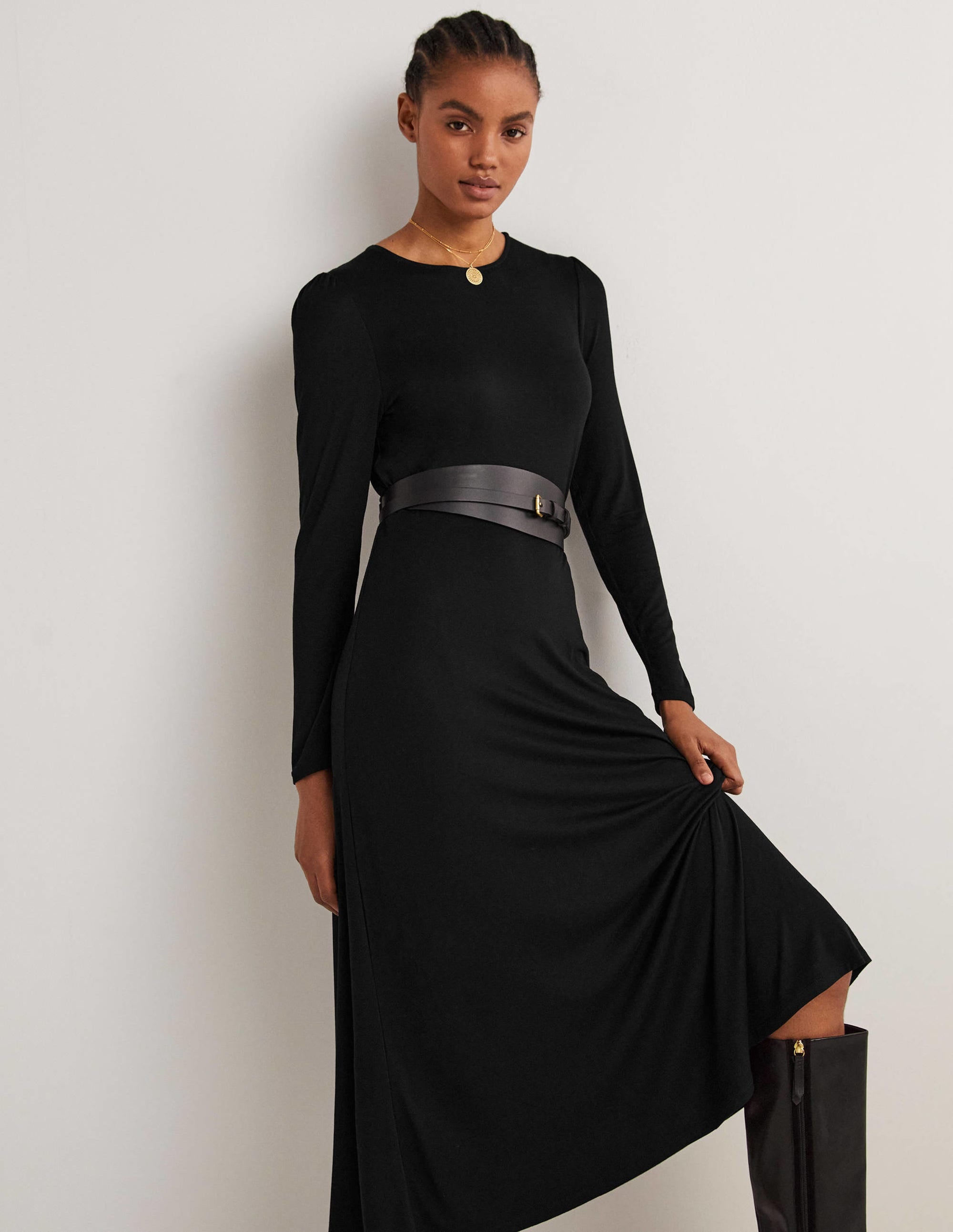 Crew Neck Jersey Midi Dress-Black - Image 5