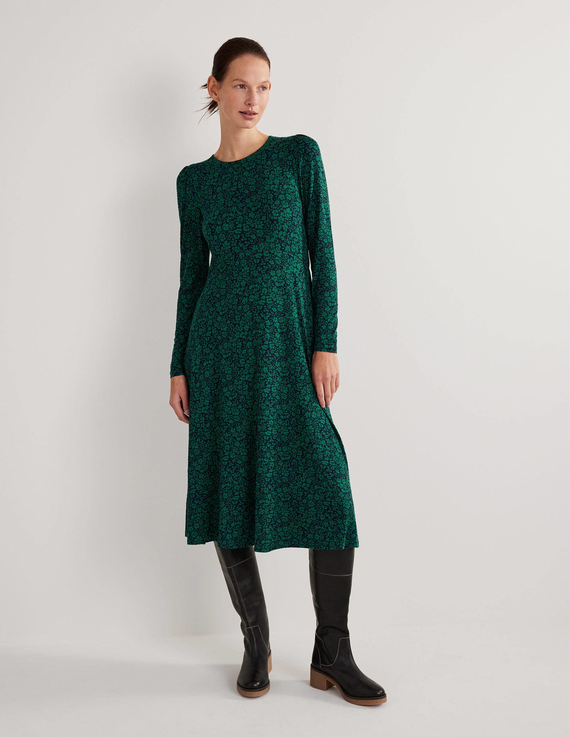 Crew Neck Jersey Midi Dress-Forest, Petal Bloom - Image 1