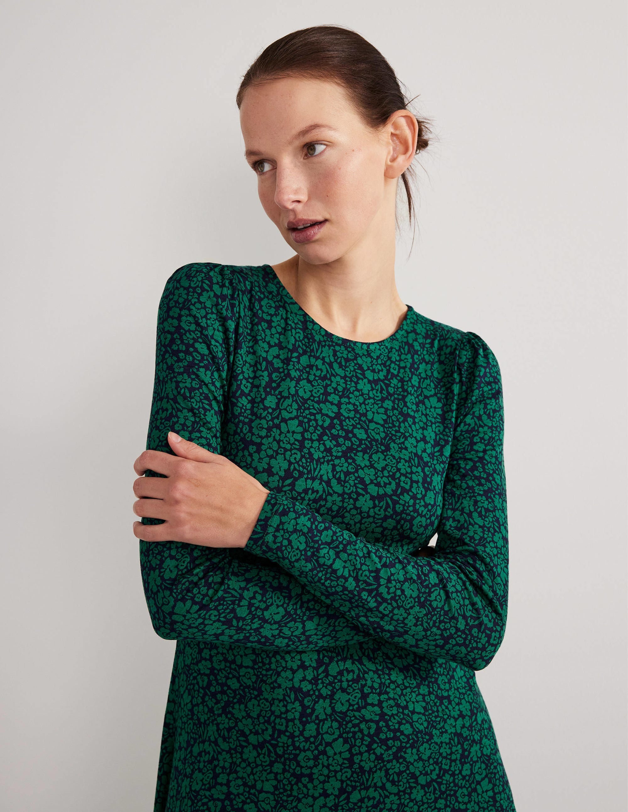Crew Neck Jersey Midi Dress-Forest, Petal Bloom - Image 2
