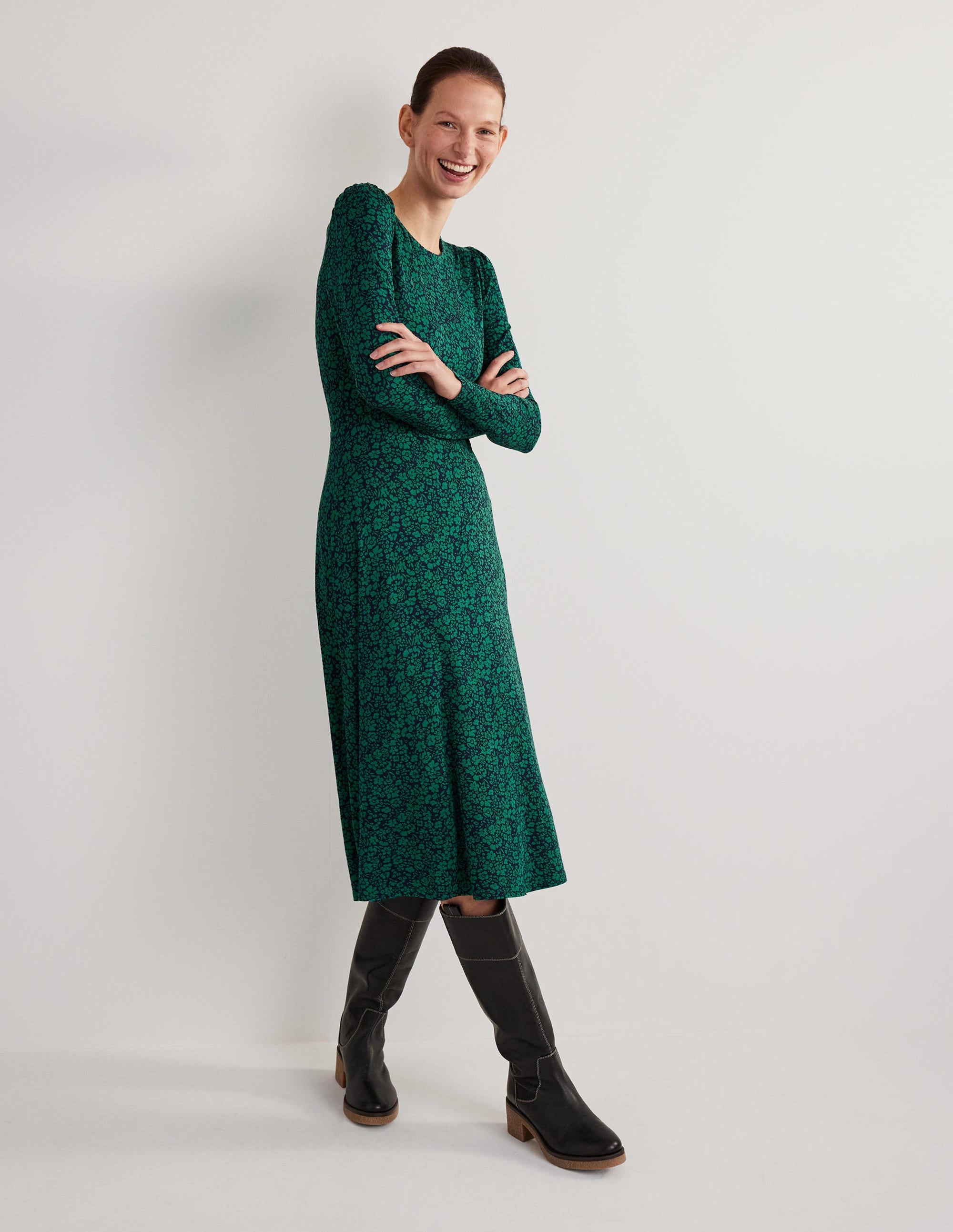 Crew Neck Jersey Midi Dress-Forest, Petal Bloom - Image 4