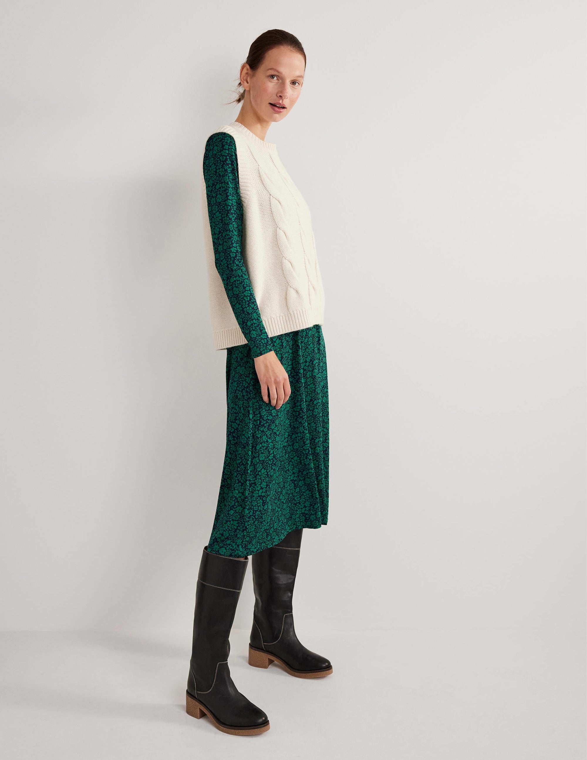 Crew Neck Jersey Midi Dress-Forest, Petal Bloom - Image 5