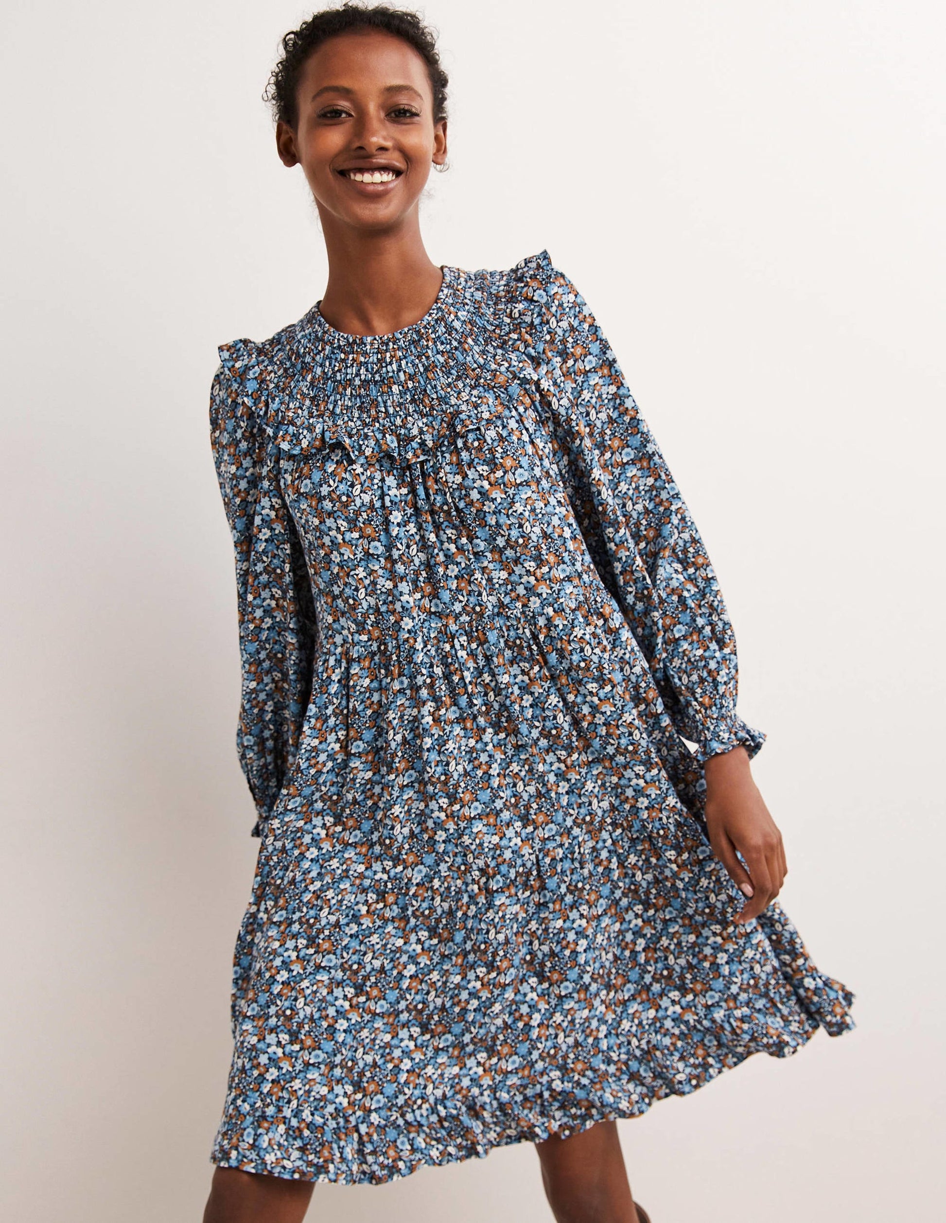 Smocked Yoke Tiered Dress-Riviera Blue, Floret Meadow-1