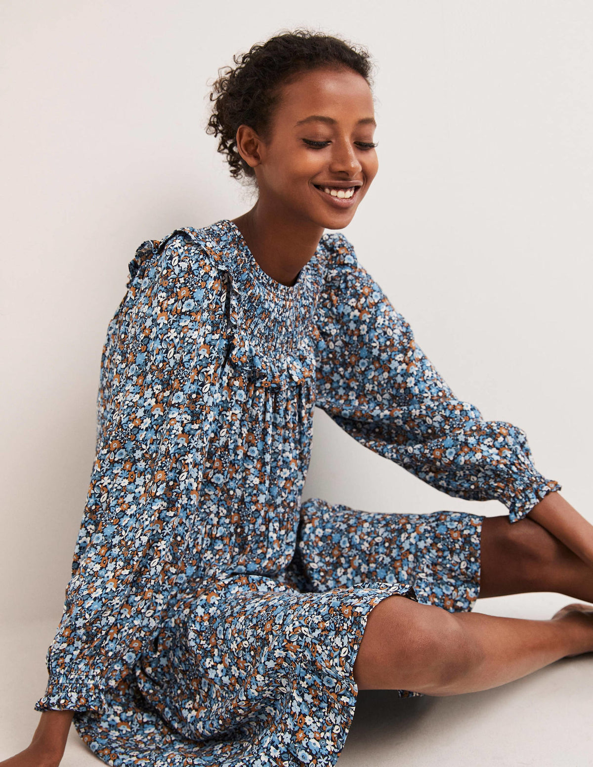 Smocked Yoke Tiered Dress-Riviera Blue, Floret Meadow-4