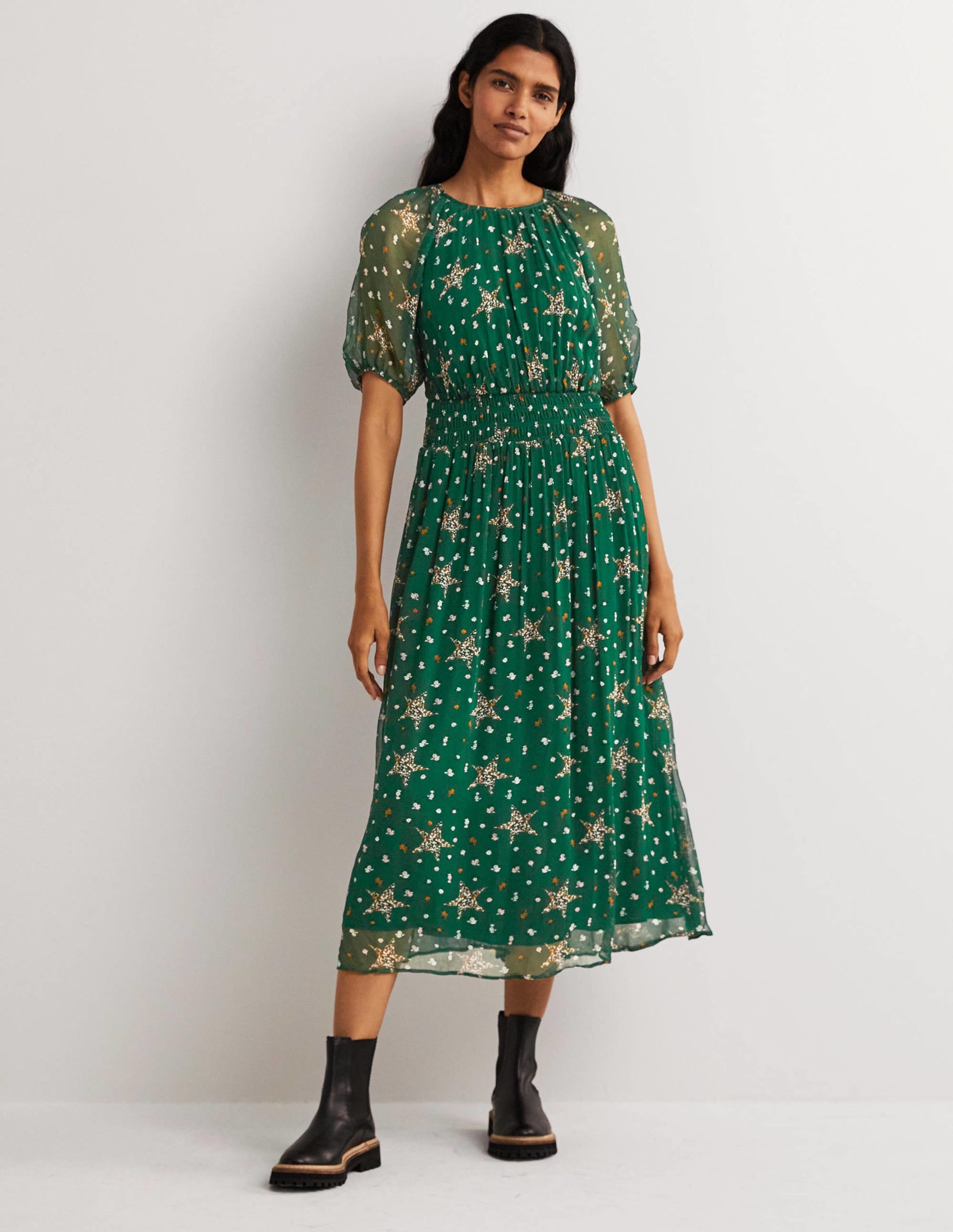 Deep Smocked Waist Midi Dress-Hunter Green, Star Floral - Image 1