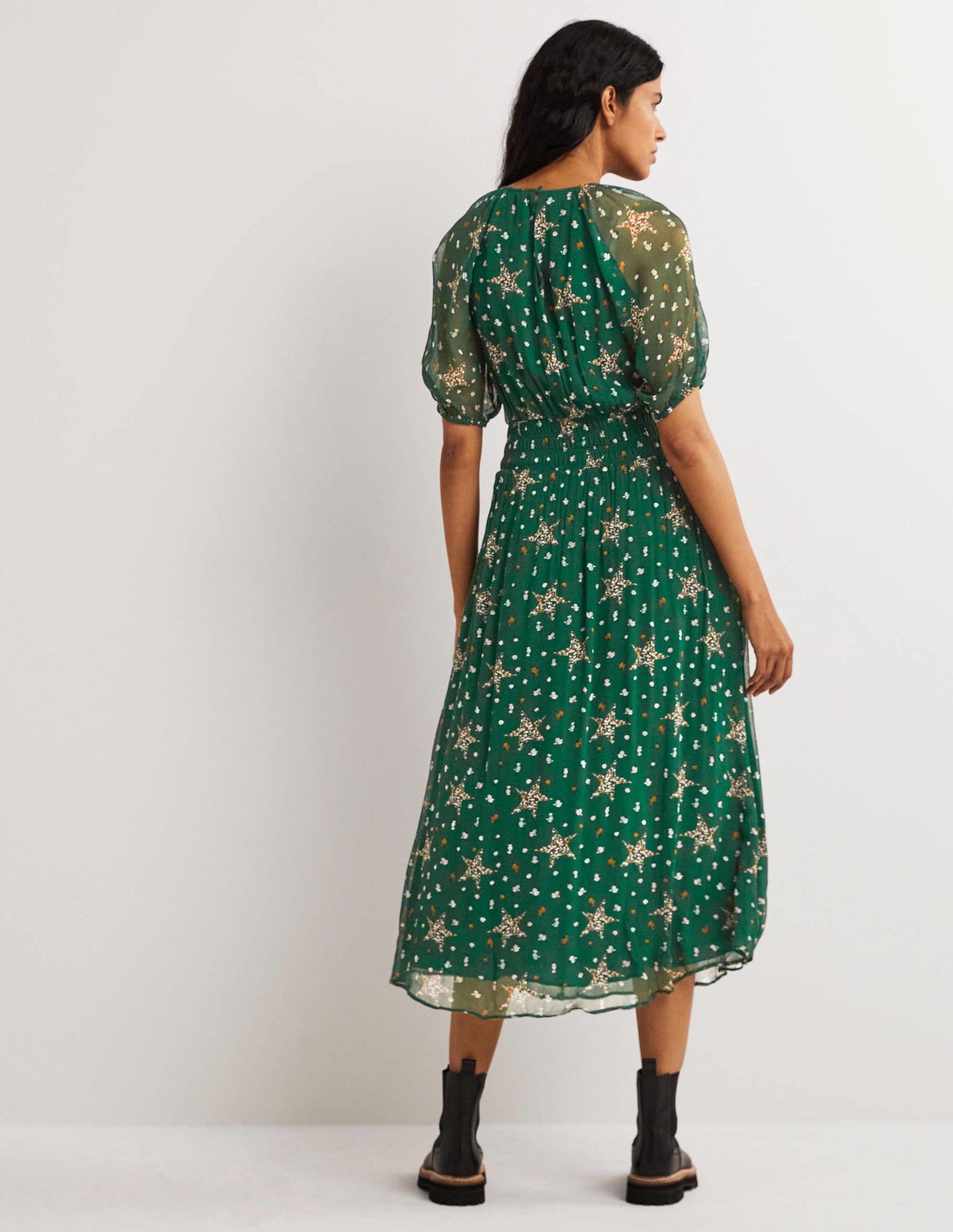 Deep Smocked Waist Midi Dress-Hunter Green, Star Floral - Image 3