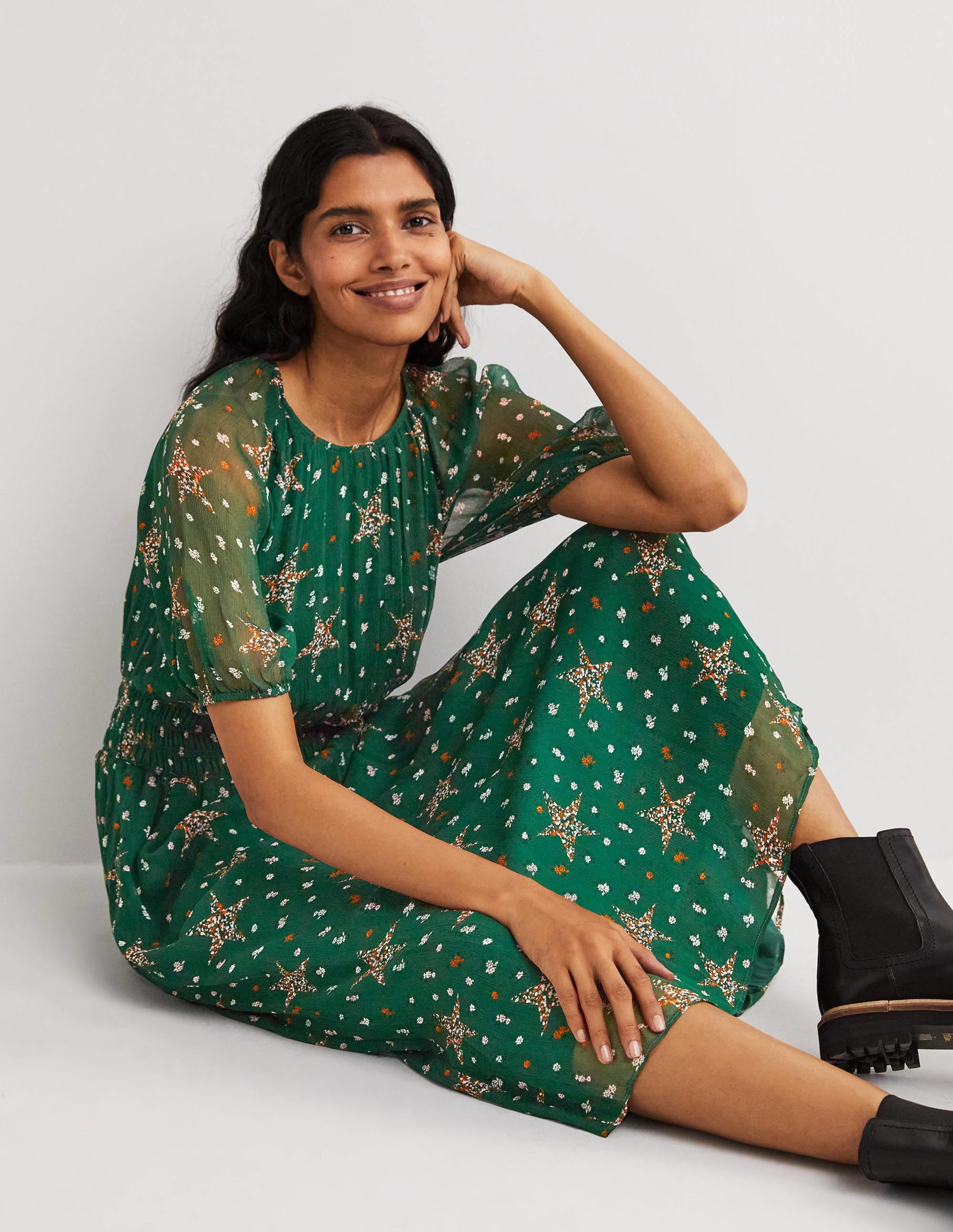 Deep Smocked Waist Midi Dress-Hunter Green, Star Floral - Image 4
