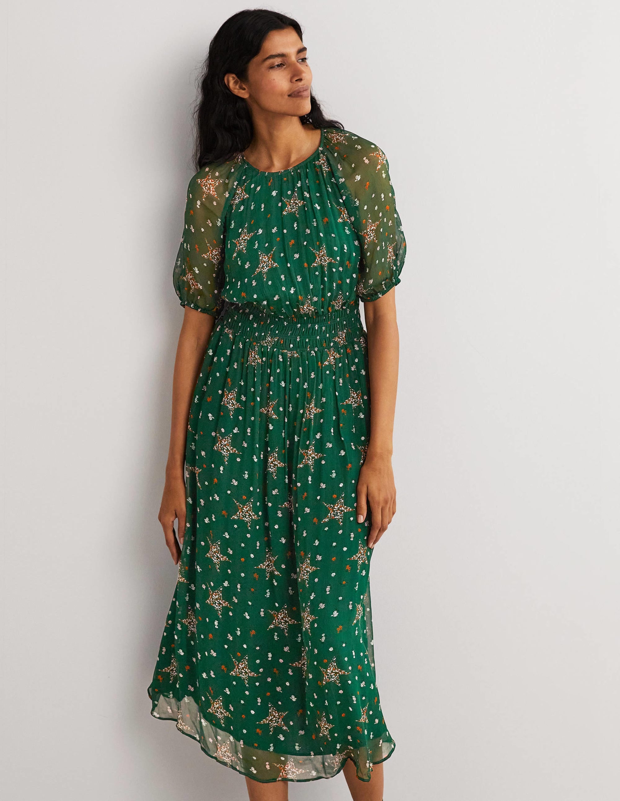 Deep Smocked Waist Midi Dress-Hunter Green, Star Floral - Image 5