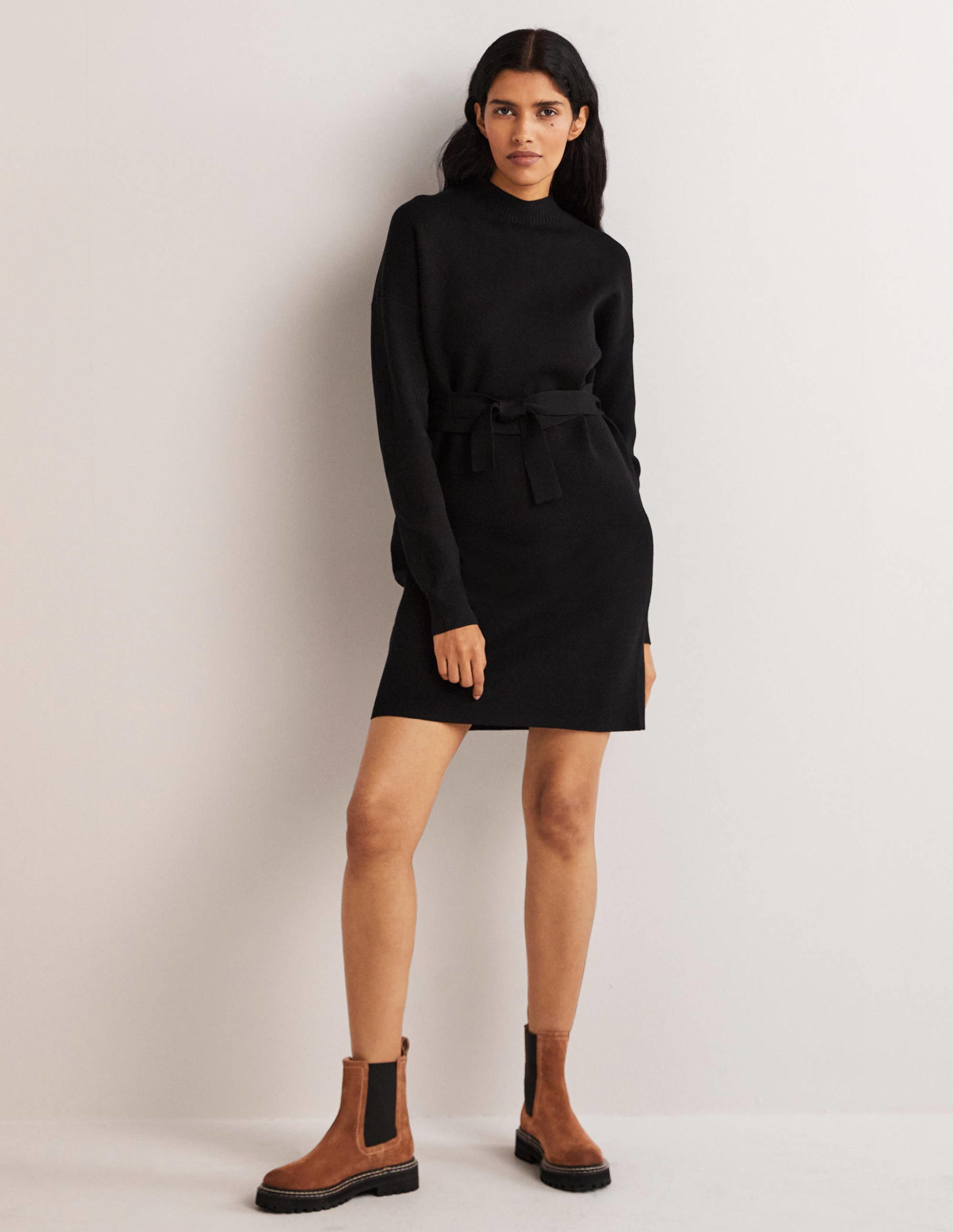 High Neck Knitted Shift Dress-Black - Image 1