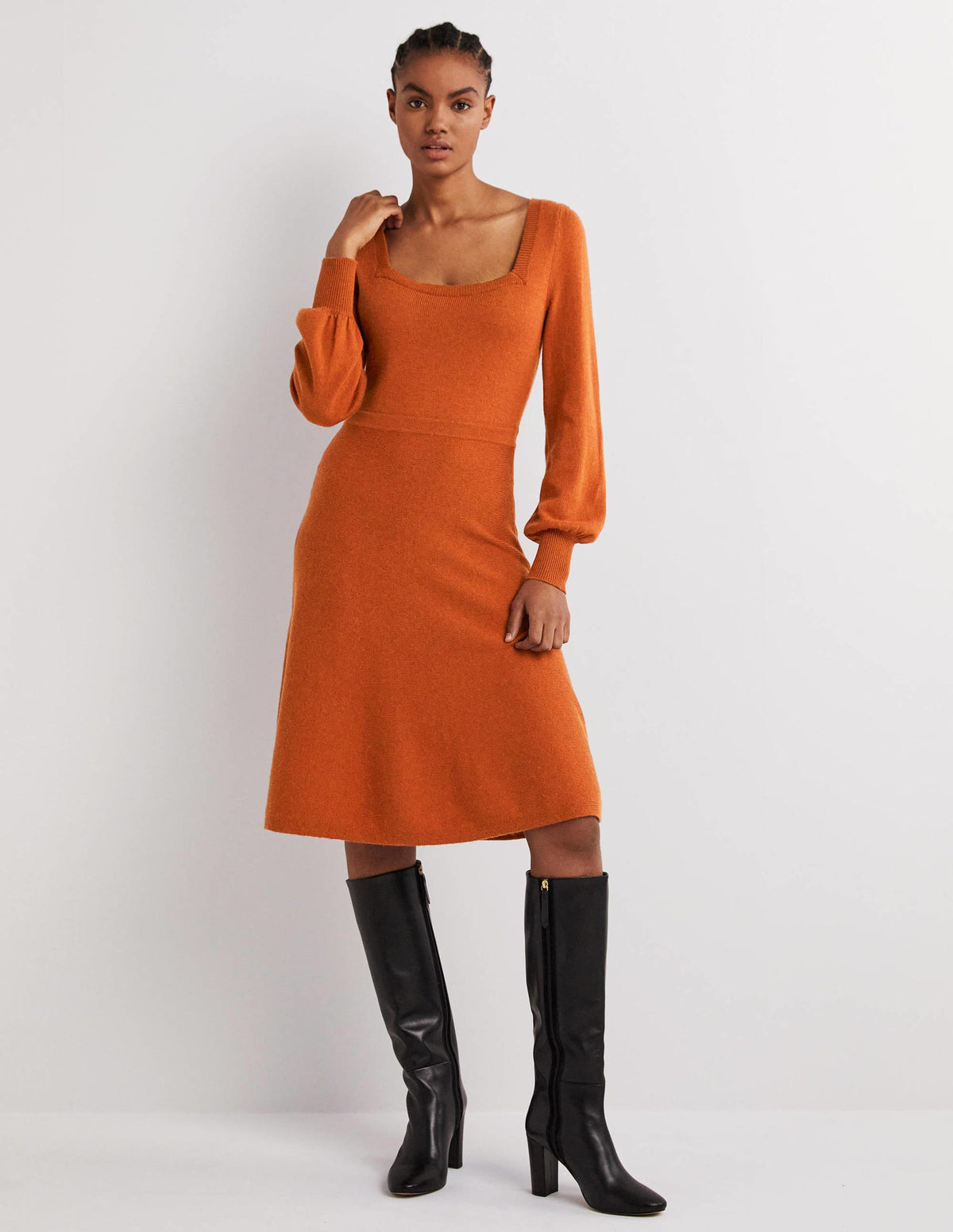 Square Neck Knitted Dress-Copper Red - Image 1