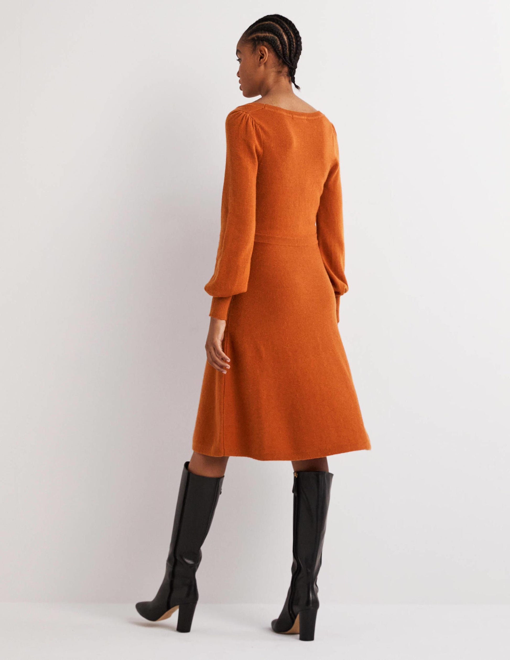 Square Neck Knitted Dress-Copper Red-3