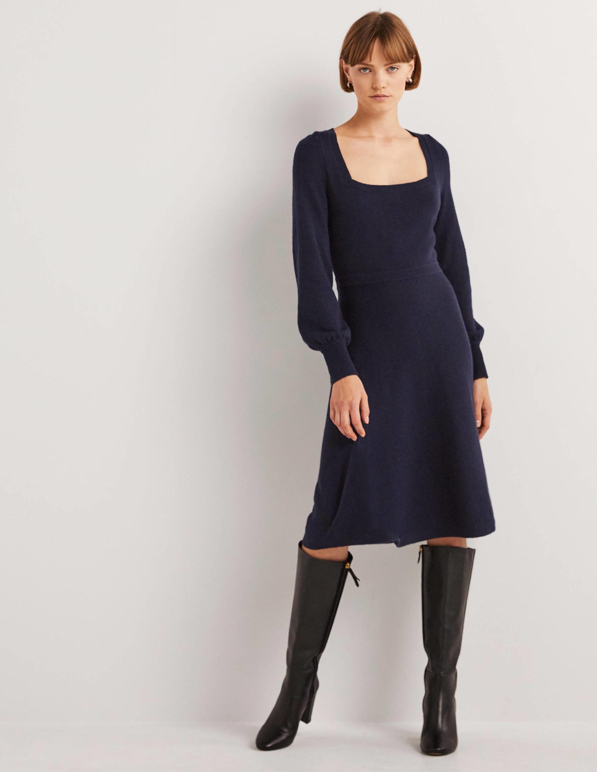 Square Neck Knitted Dress-Navy - Image 1