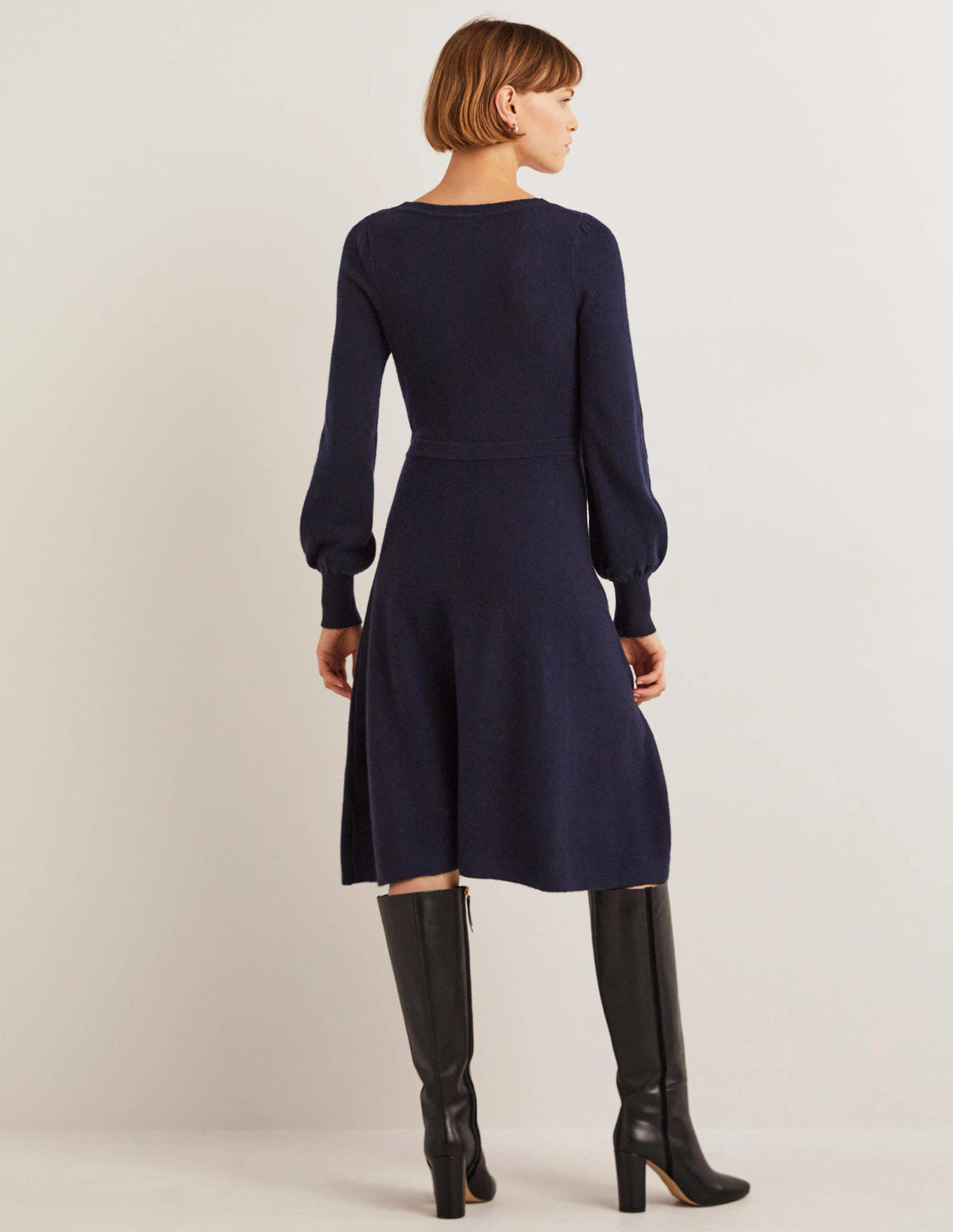 Square Neck Knitted Dress-Navy-3
