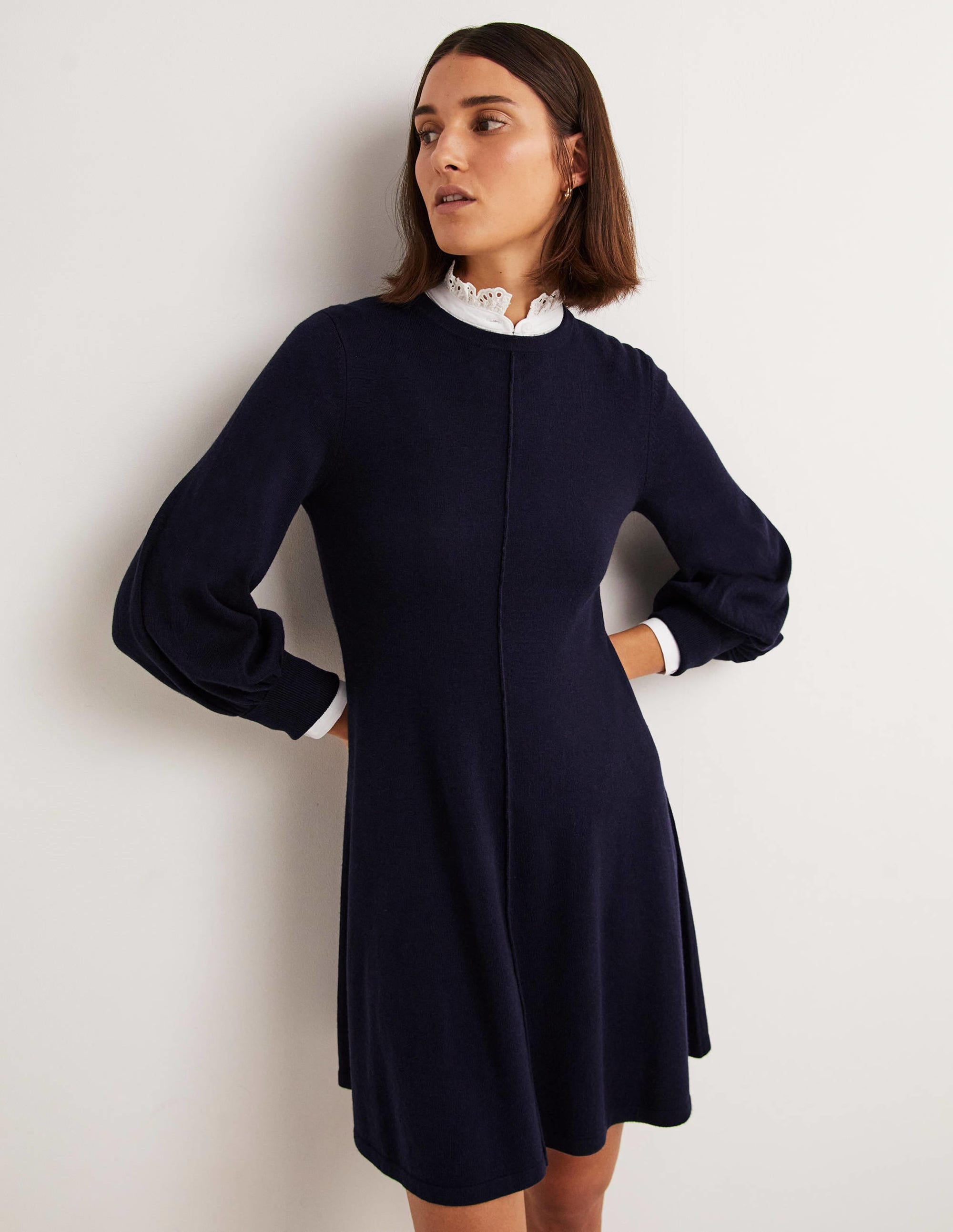 Cuff Detail Knitted Mini Dress-Navy - Image 1