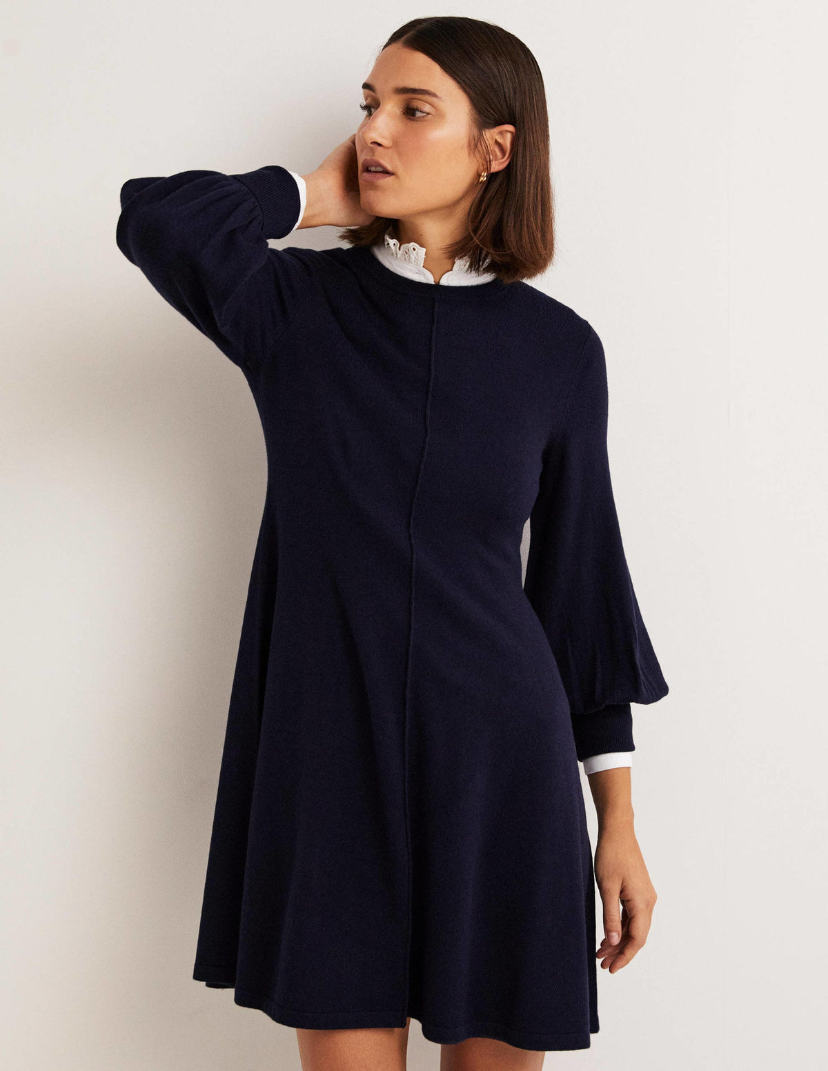 Cuff Detail Knitted Mini Dress-Navy-4
