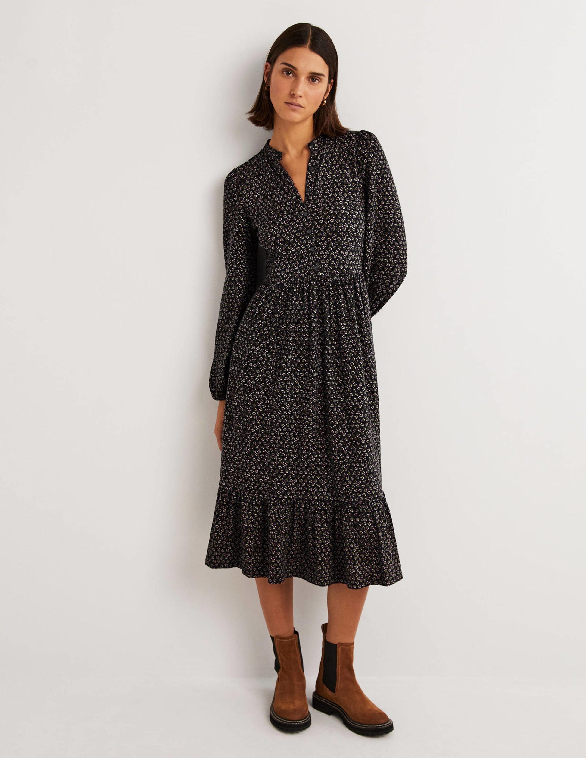 Buttoned Jersey Midi Dress-Black, Diamond Bud-1