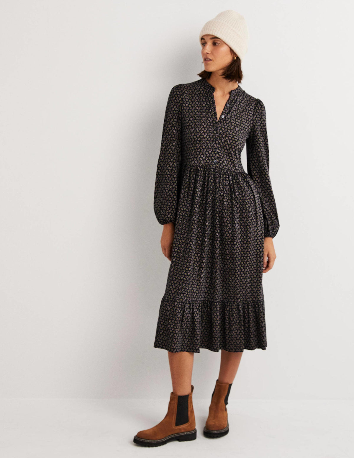 Buttoned Jersey Midi Dress-Black, Diamond Bud - Image 4