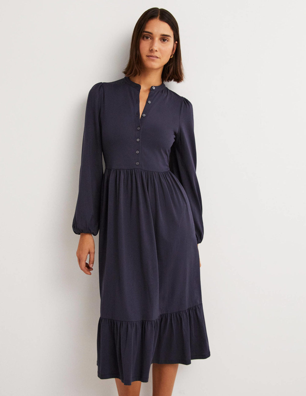 Buttoned Jersey Midi Dress-Navy-1