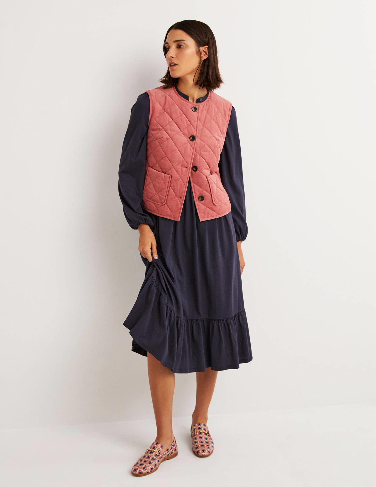 Buttoned Jersey Midi Dress-Navy - Image 4
