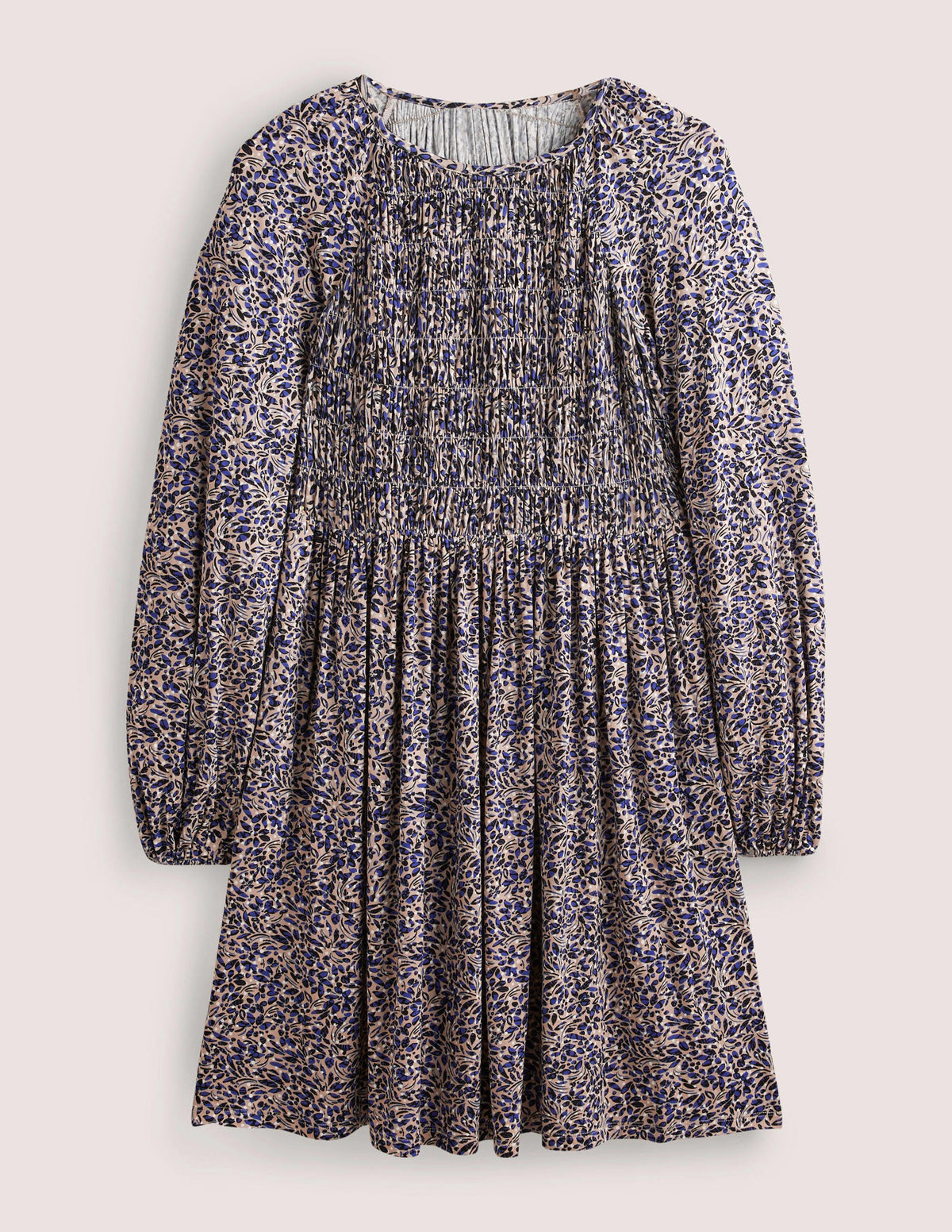 Smocked Bodice Jersey Dress-Persian Blue, Leaf Cluster - Image 5