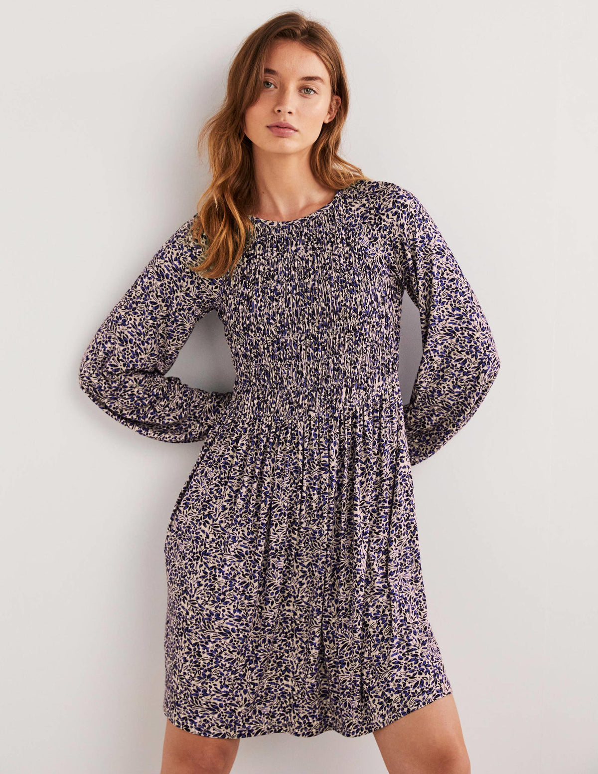 Smocked Bodice Jersey Dress-Persian Blue, Leaf Cluster-1