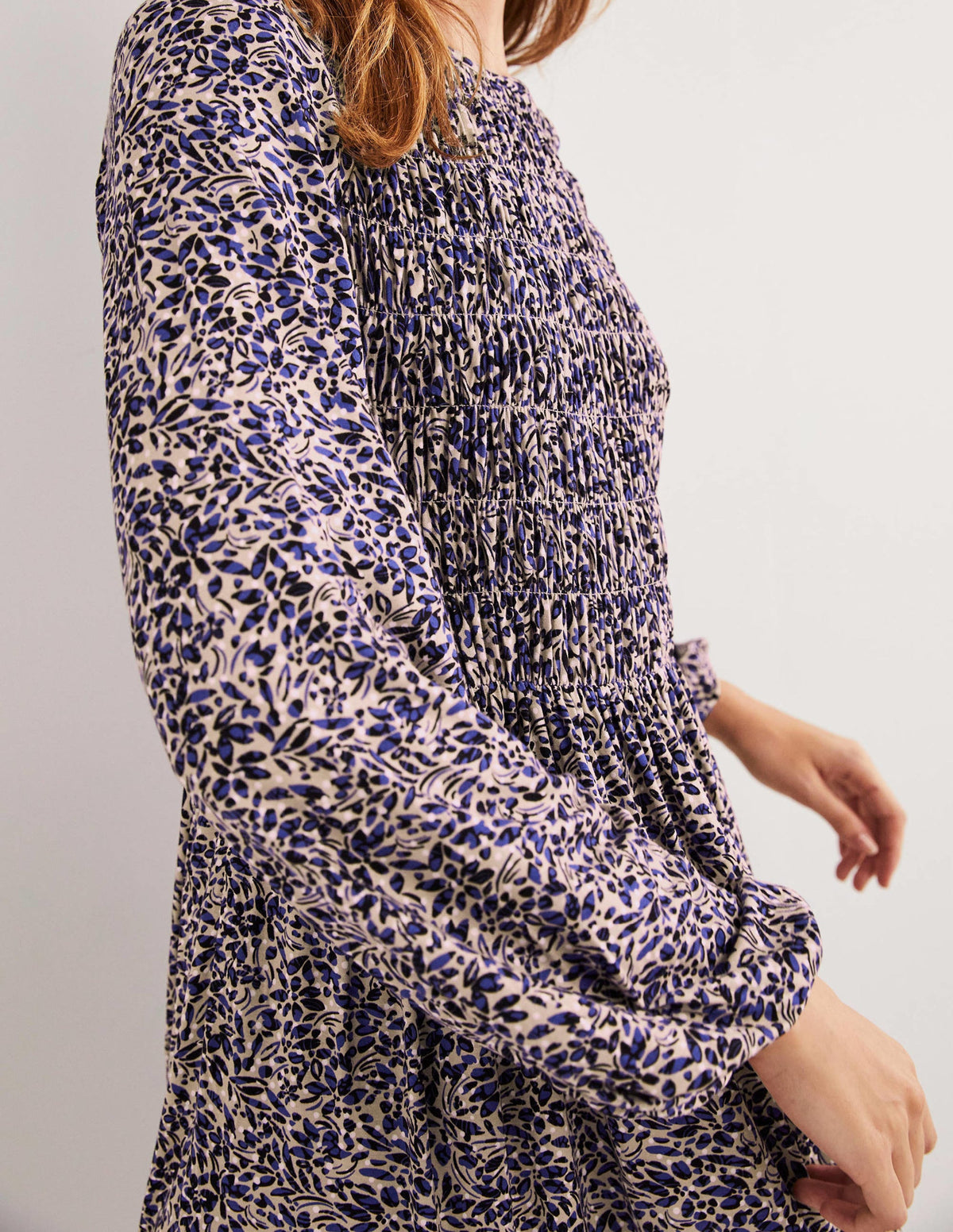 Smocked Bodice Jersey Dress-Persian Blue, Leaf Cluster-2