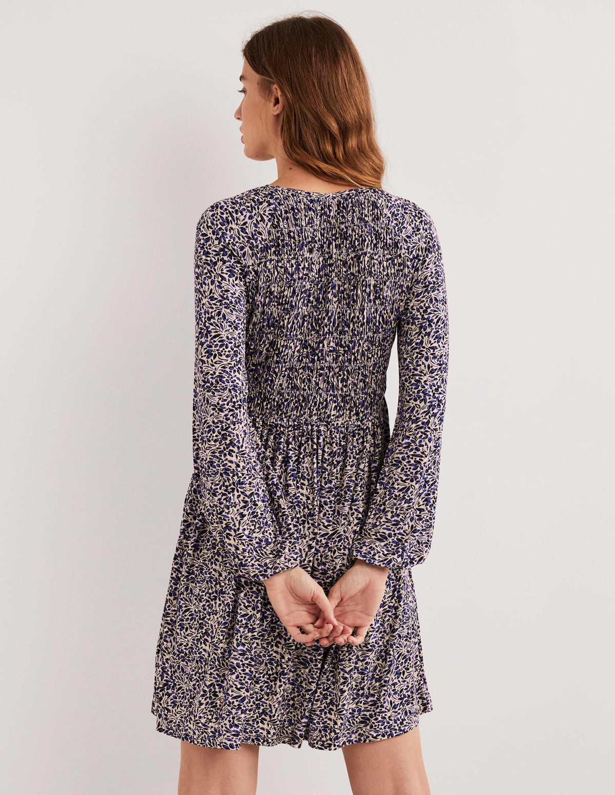 Smocked Bodice Jersey Dress-Persian Blue, Leaf Cluster - Image 3
