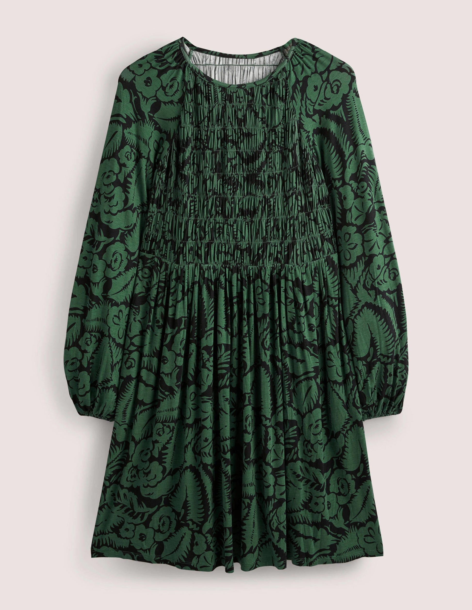 Smocked Bodice Jersey Dress-Green, Abstract Garden-6