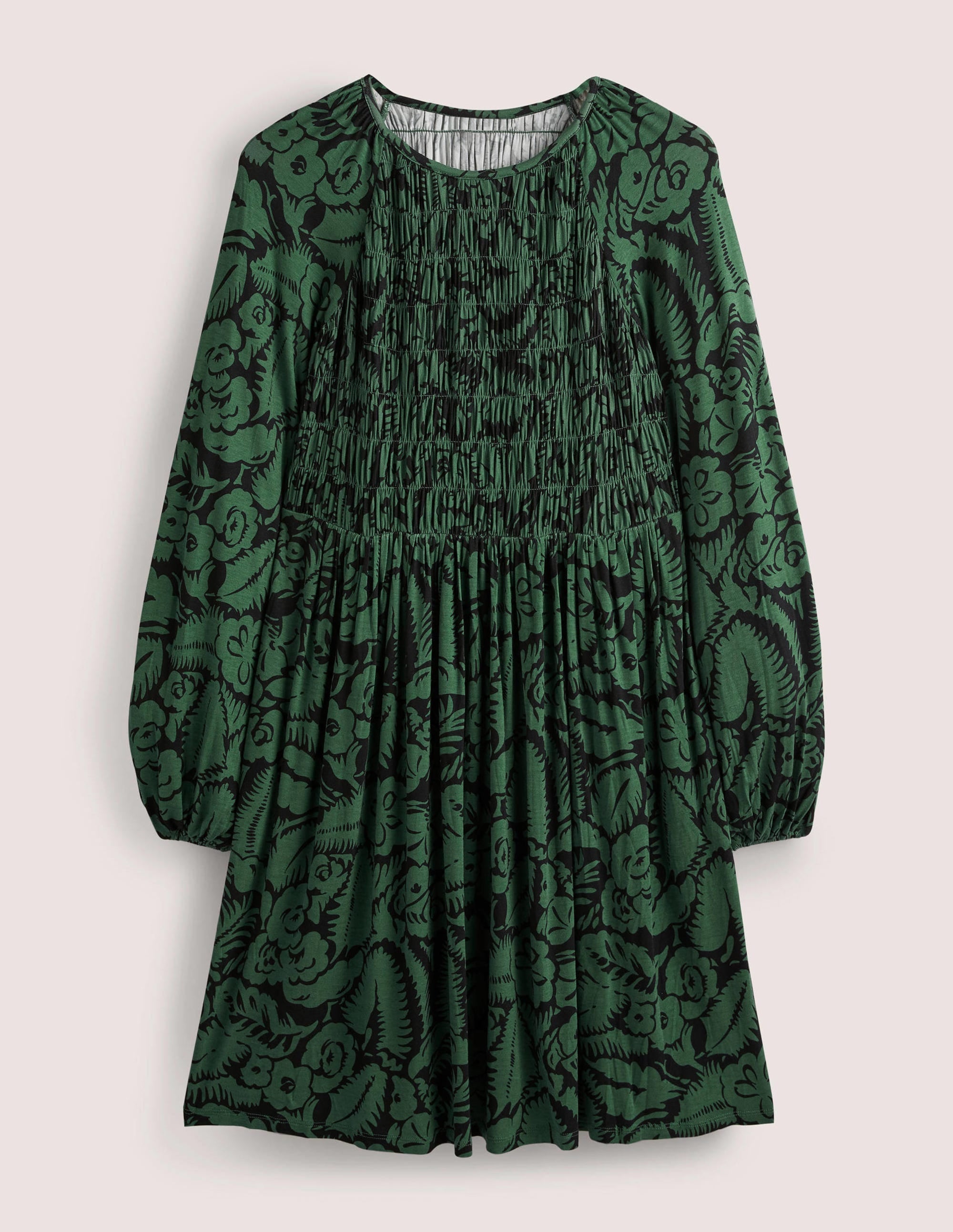 Smocked Bodice Jersey Dress-Green, Abstract Garden - Image 6