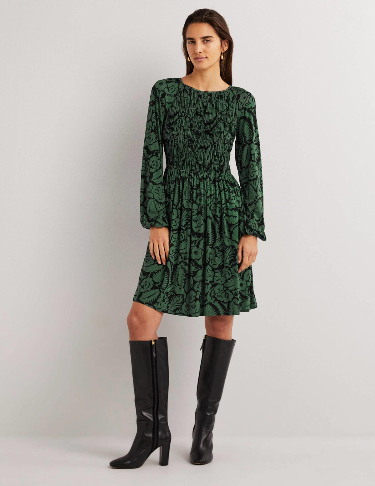 Smocked Bodice Jersey Dress-Green, Abstract Garden - Image 1