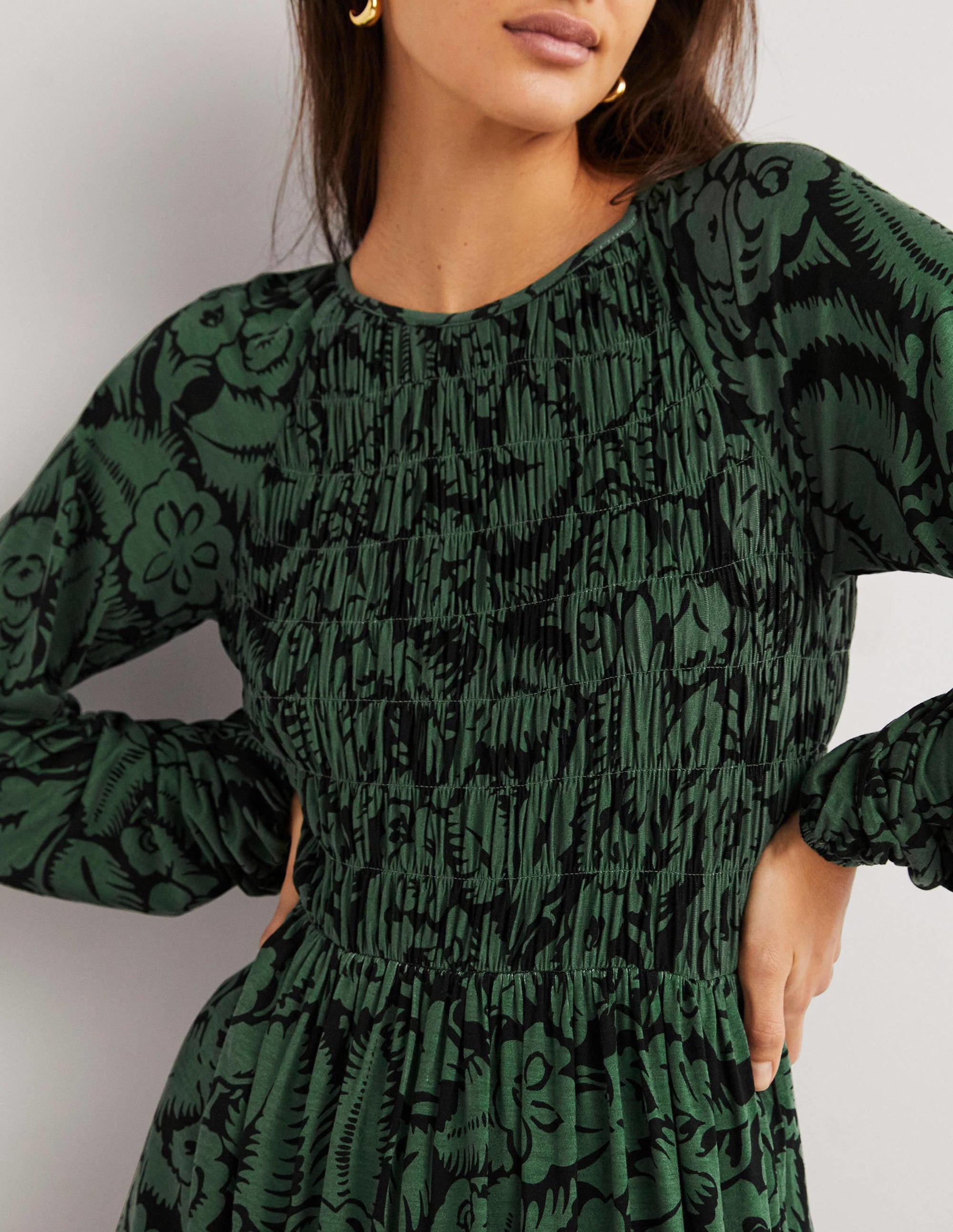 Smocked Bodice Jersey Dress-Green, Abstract Garden - Image 2