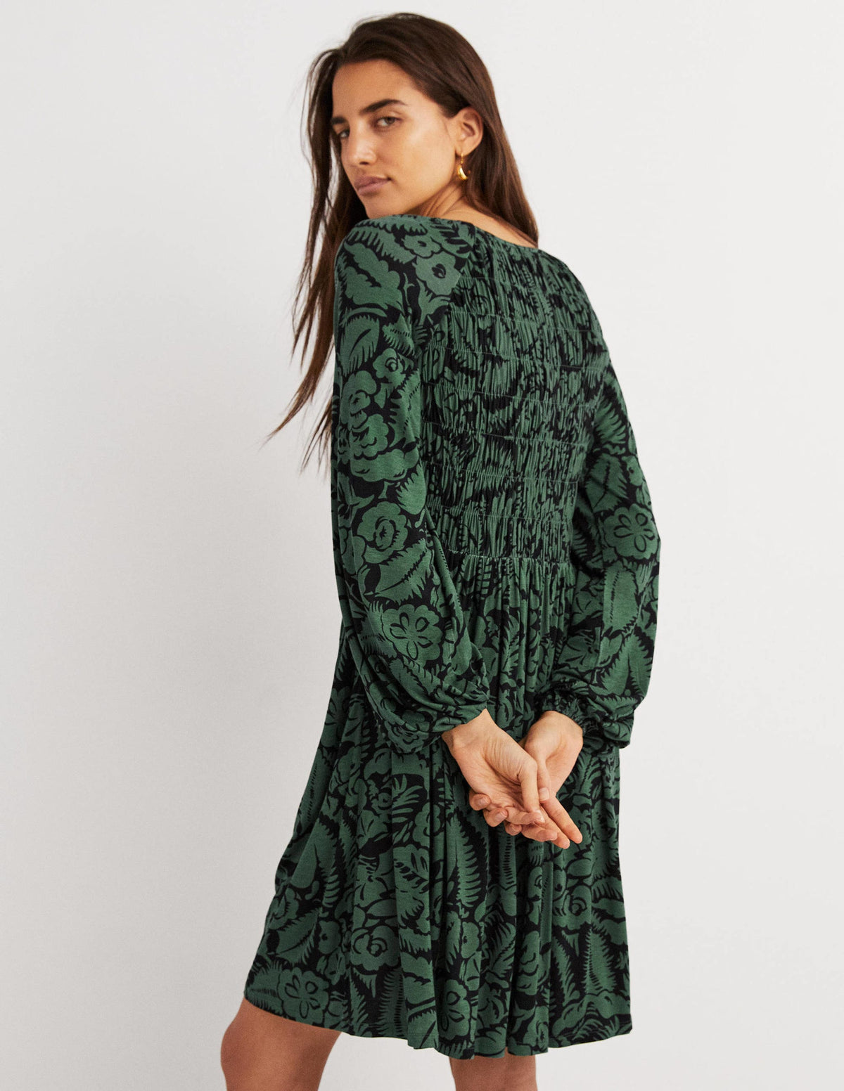 Smocked Bodice Jersey Dress-Green, Abstract Garden - Image 3