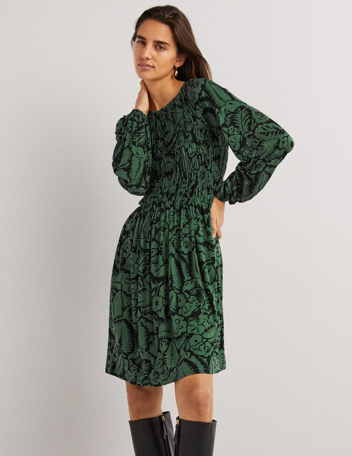 Smocked Bodice Jersey Dress-Green, Abstract Garden - Image 5