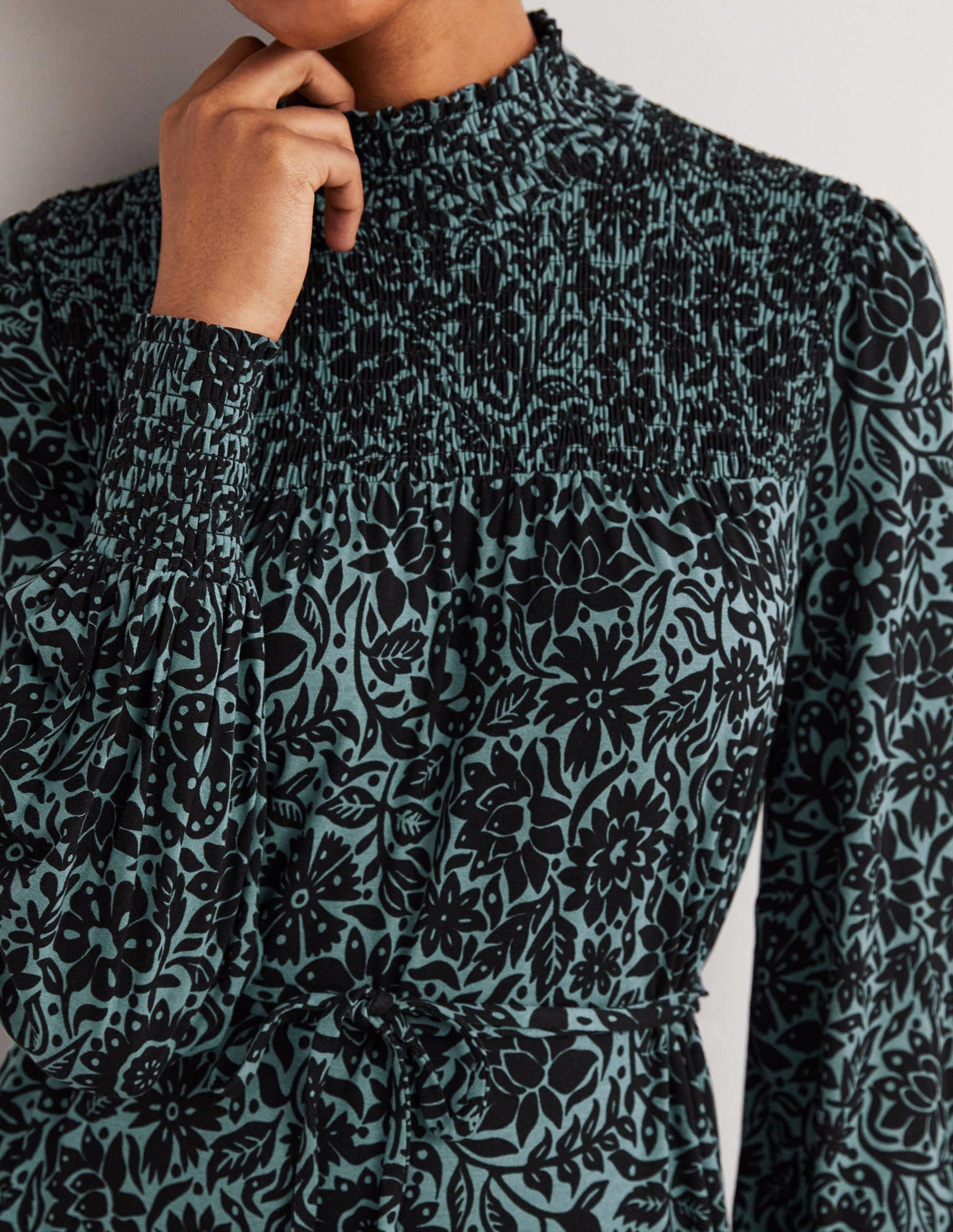 High Neck Jersey Maxi Dress-Mid Blue, Foliage Bloom-2