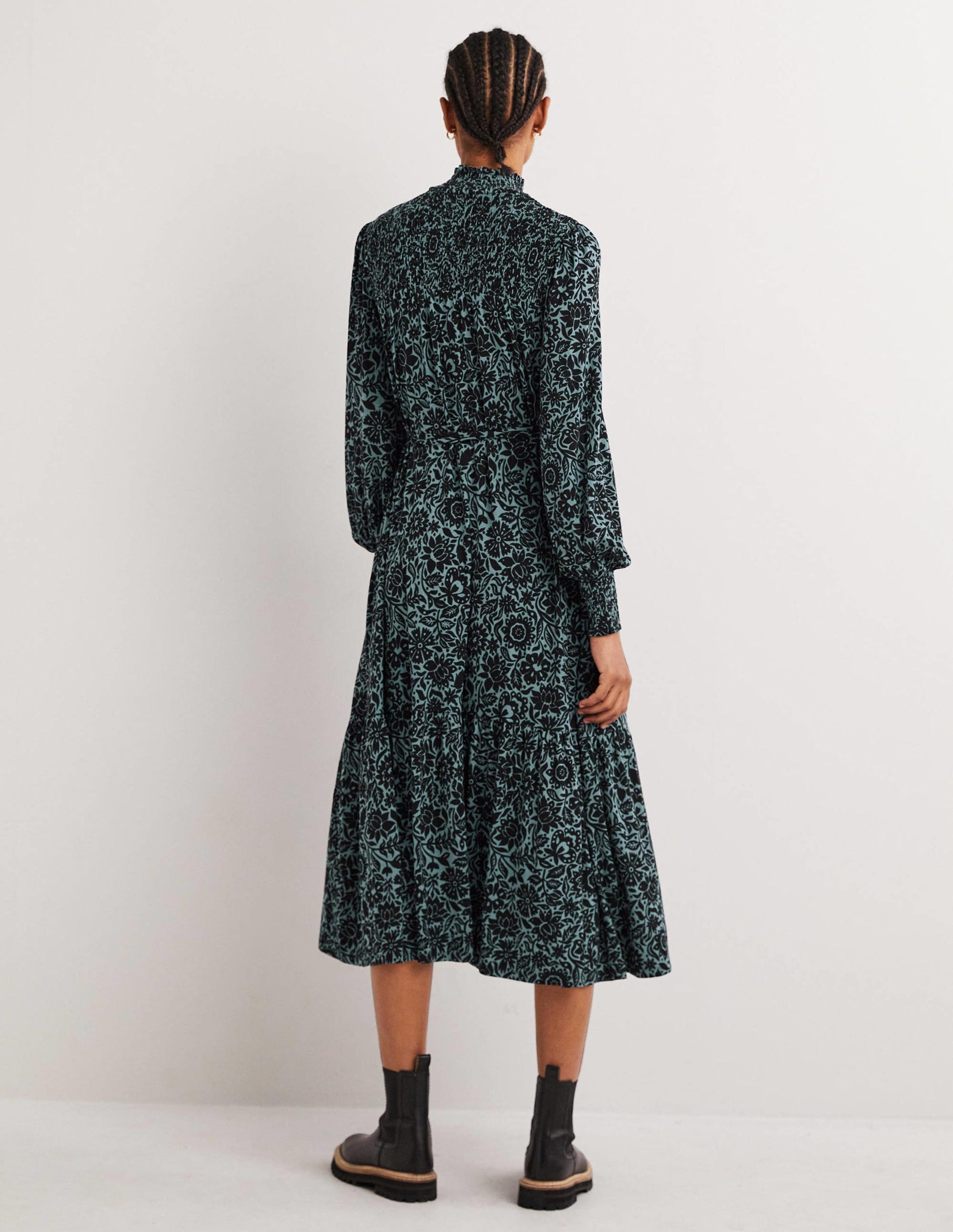 High Neck Jersey Maxi Dress-Mid Blue, Foliage Bloom-3