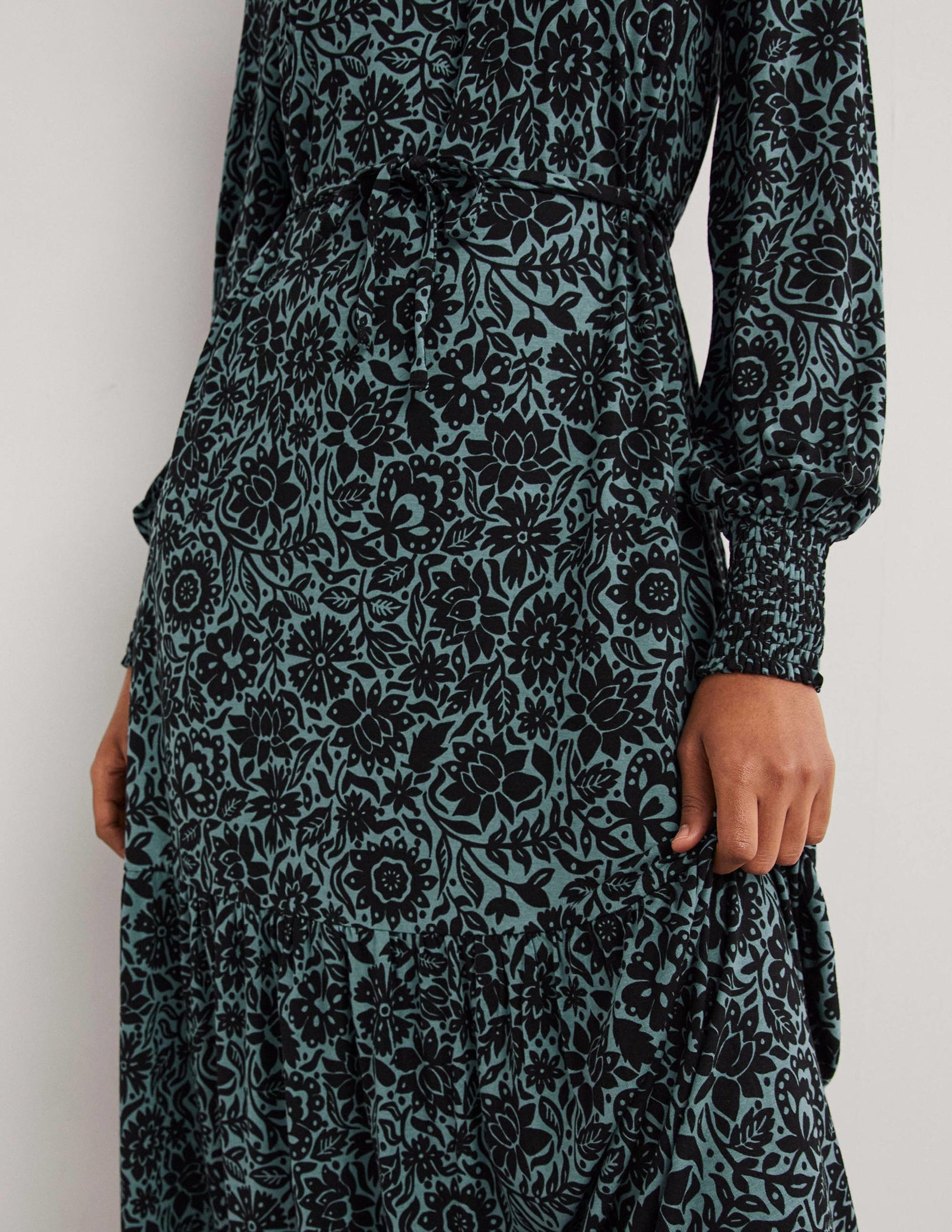 High Neck Jersey Maxi Dress-Mid Blue, Foliage Bloom-4