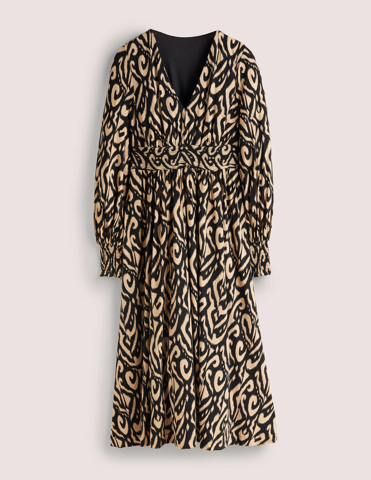 Smocked Jersey Midi Dress-Black, Ikat-6