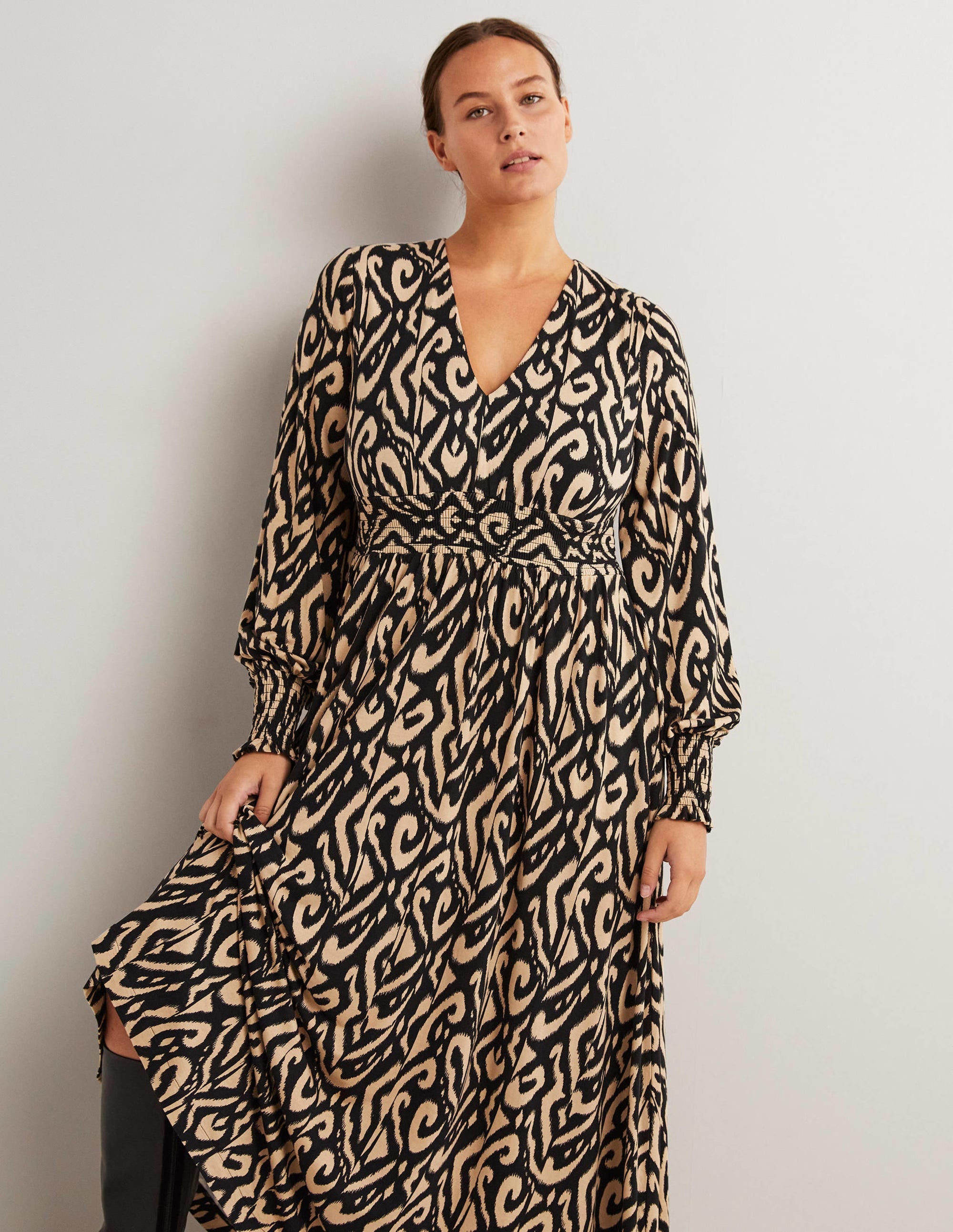 Smocked Jersey Midi Dress-Black, Ikat - Image 1