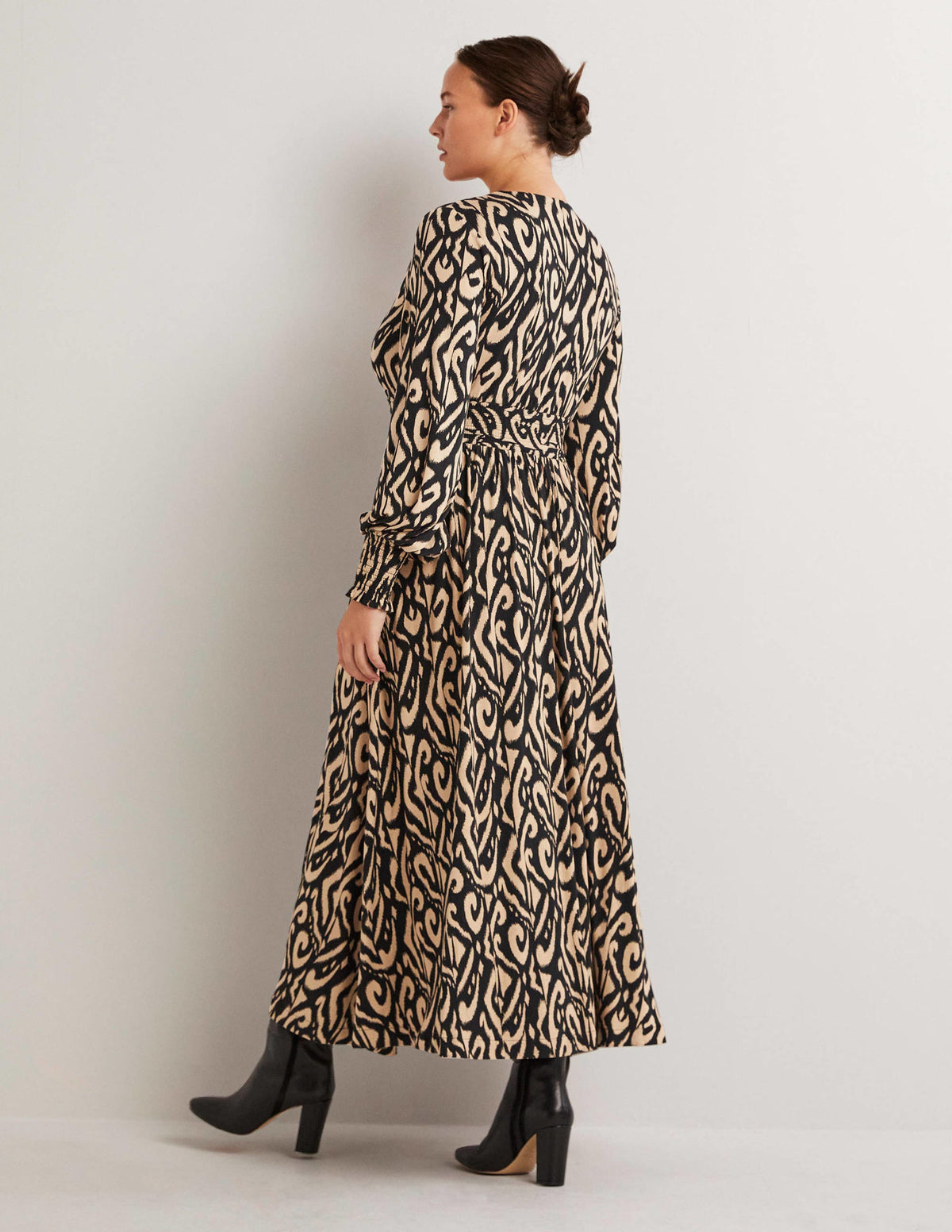 Smocked Jersey Midi Dress-Black, Ikat-3