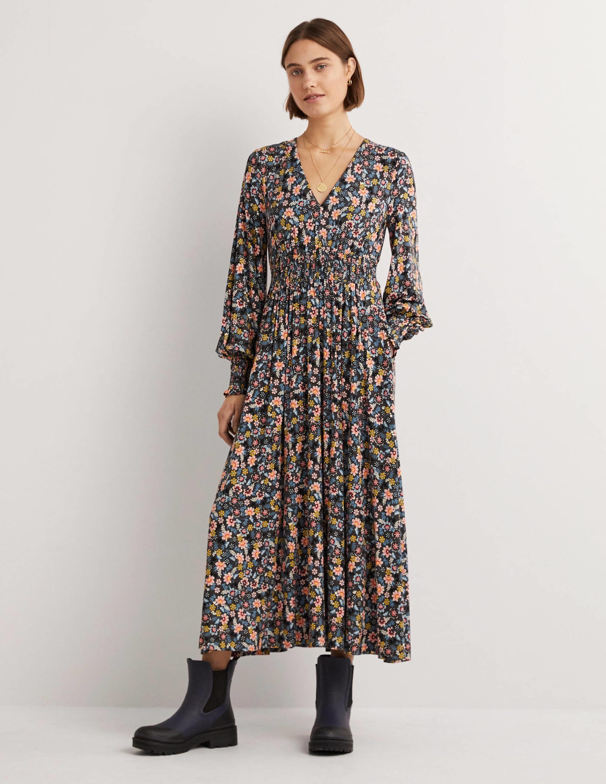 Smocked Jersey Midi Dress-Graphite, Opulent Leaf - Image 1