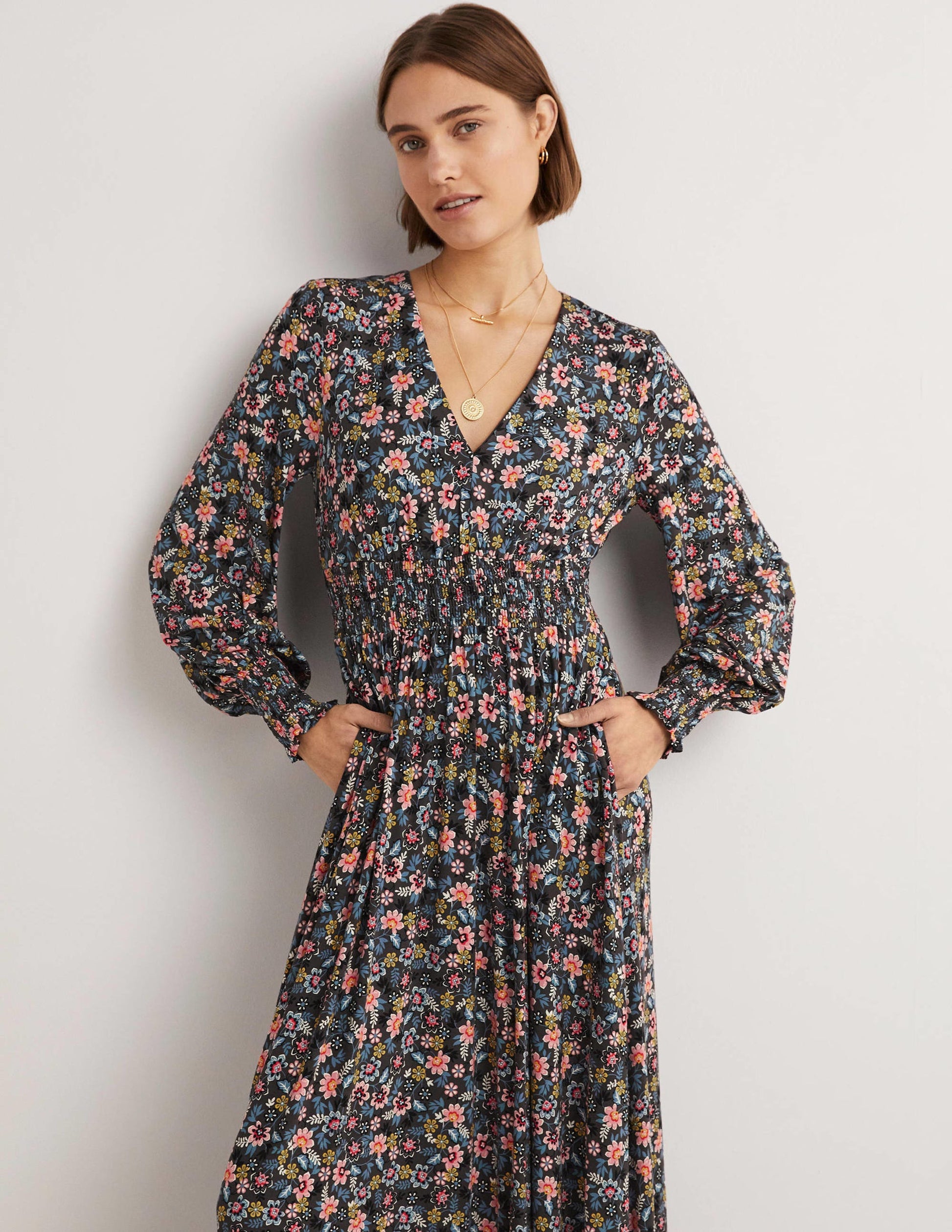 Smocked Jersey Midi Dress-Graphite, Opulent Leaf-4
