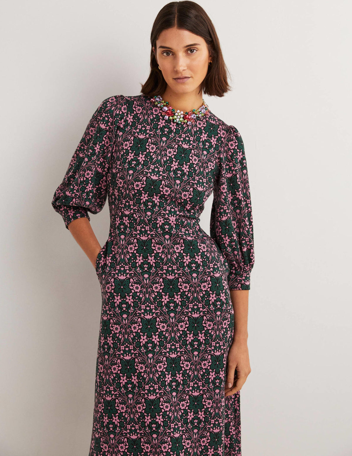 Jersey Jacquard Midi Dress-Trekking Green, Heart Bloom - Image 4