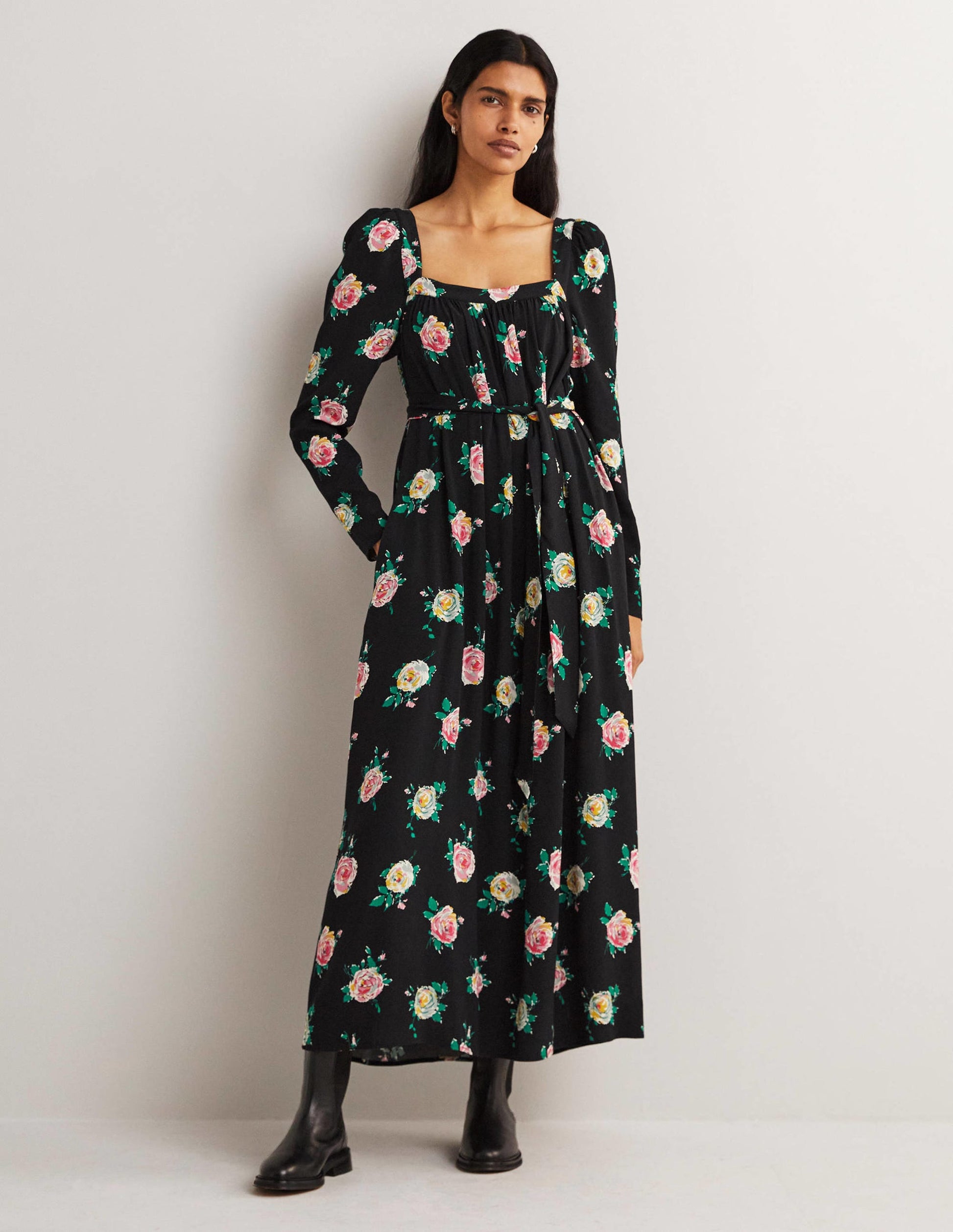Square Neck Maxi Dress-Black, Painterly Rose-1